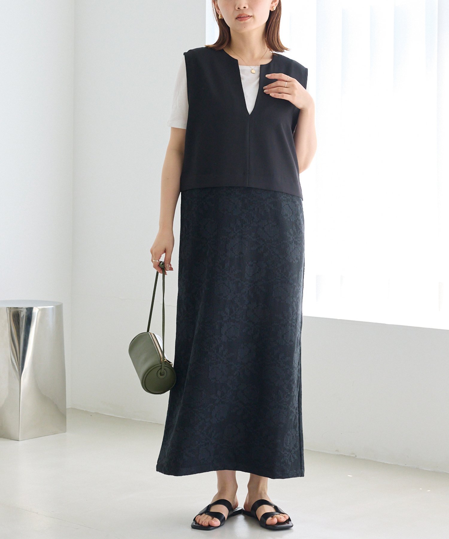 LAVEANGE キーネックレースドッキングワンピース ラビアンジェ ワンピース・ドレス ワンピース ベージュ ブラック