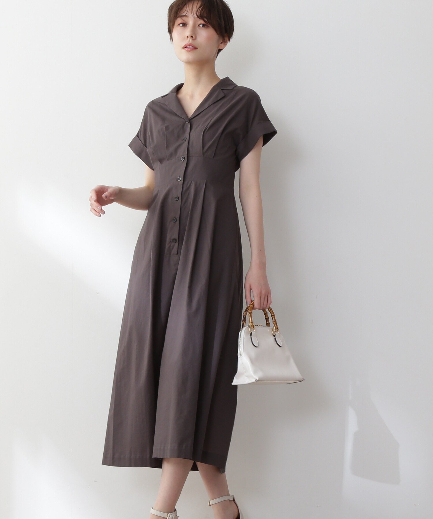 N. Natural Beauty Basic コットンローン開襟ハイウエストワンピース《S Size Line》 エヌ ナチュラルビューティーベーシック* ワンピース・ドレス その他のワンピース・ドレス グレー ブラウン グリーン ブルー【送料無料】