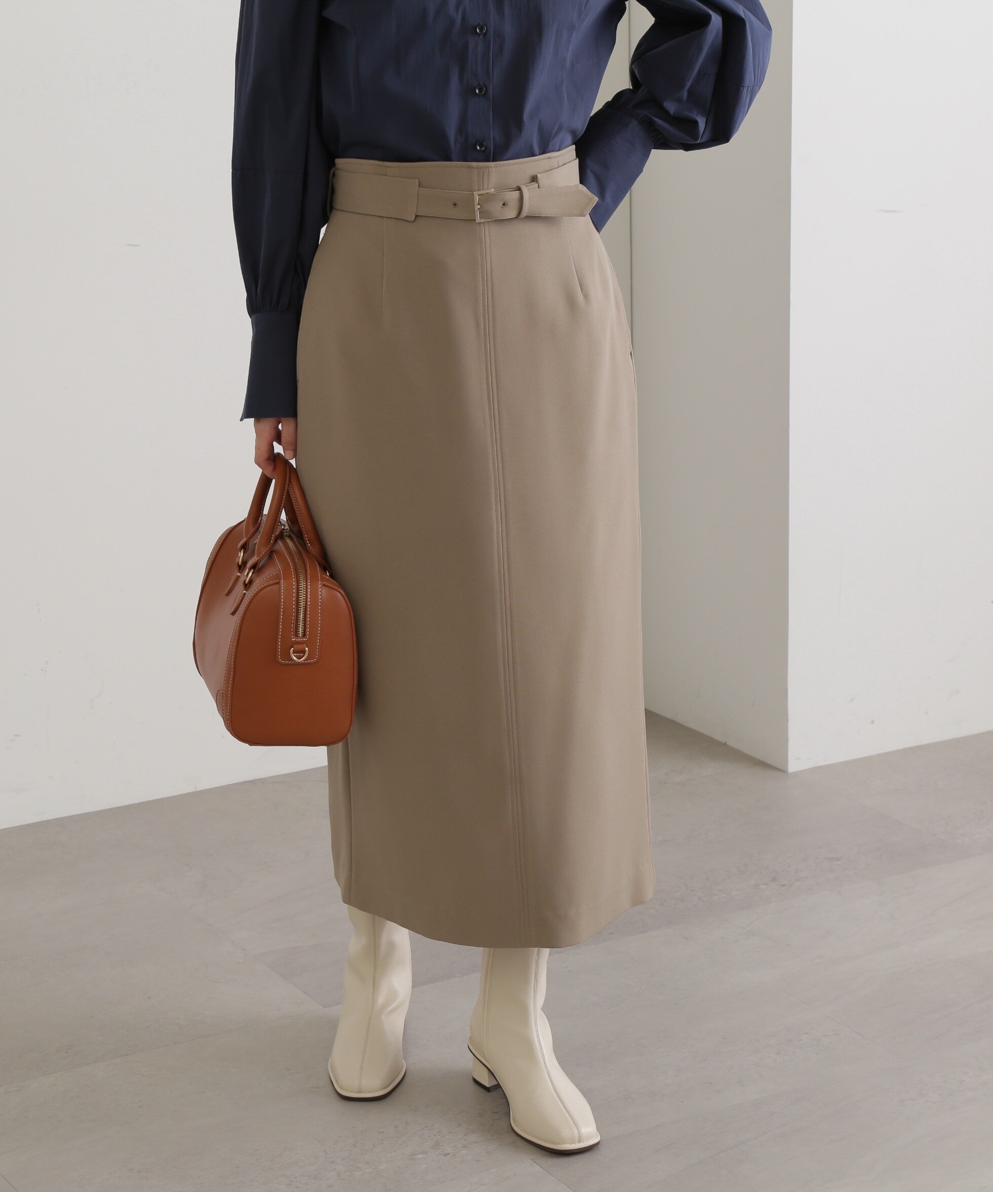 N. Natural Beauty Basic ベルト付ダブルクロスタイトスカート《S Size Line》 エヌ ナチュラルビューティーベーシック* スカート その他のスカート ブラウン ホワイト ブルー【送料無料】