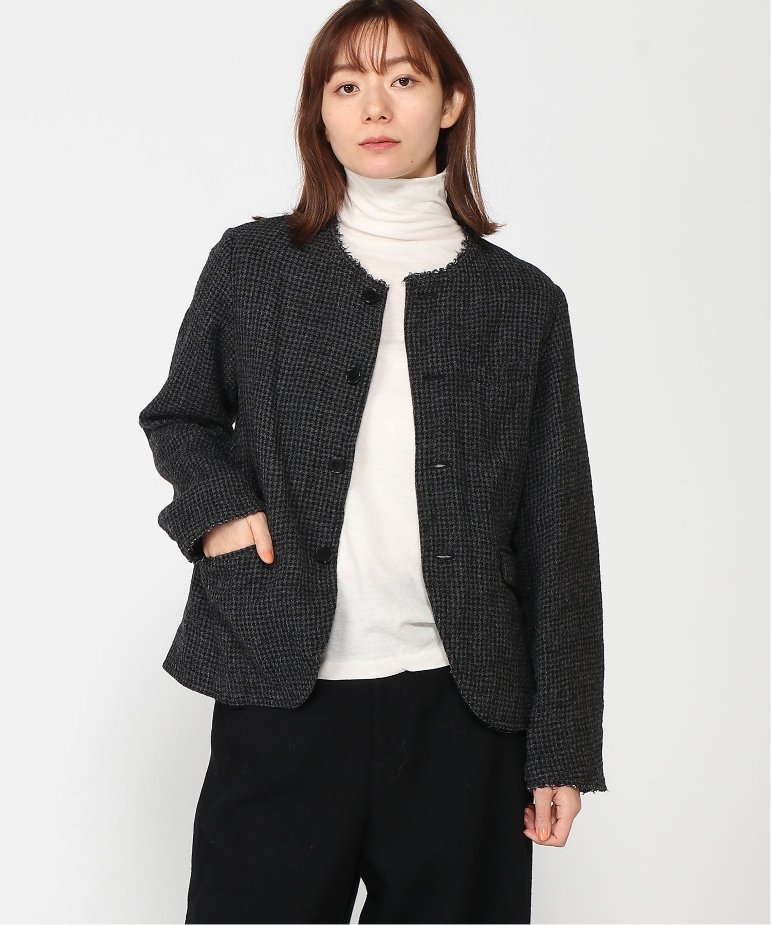 【SALE／30%OFF】pas de calais pas de calais　ガーゼタンブラー千鳥柄　ジャケット パドカレ ジャケット・アウター ノーカラージャケット ブラック グレー【送料無料】