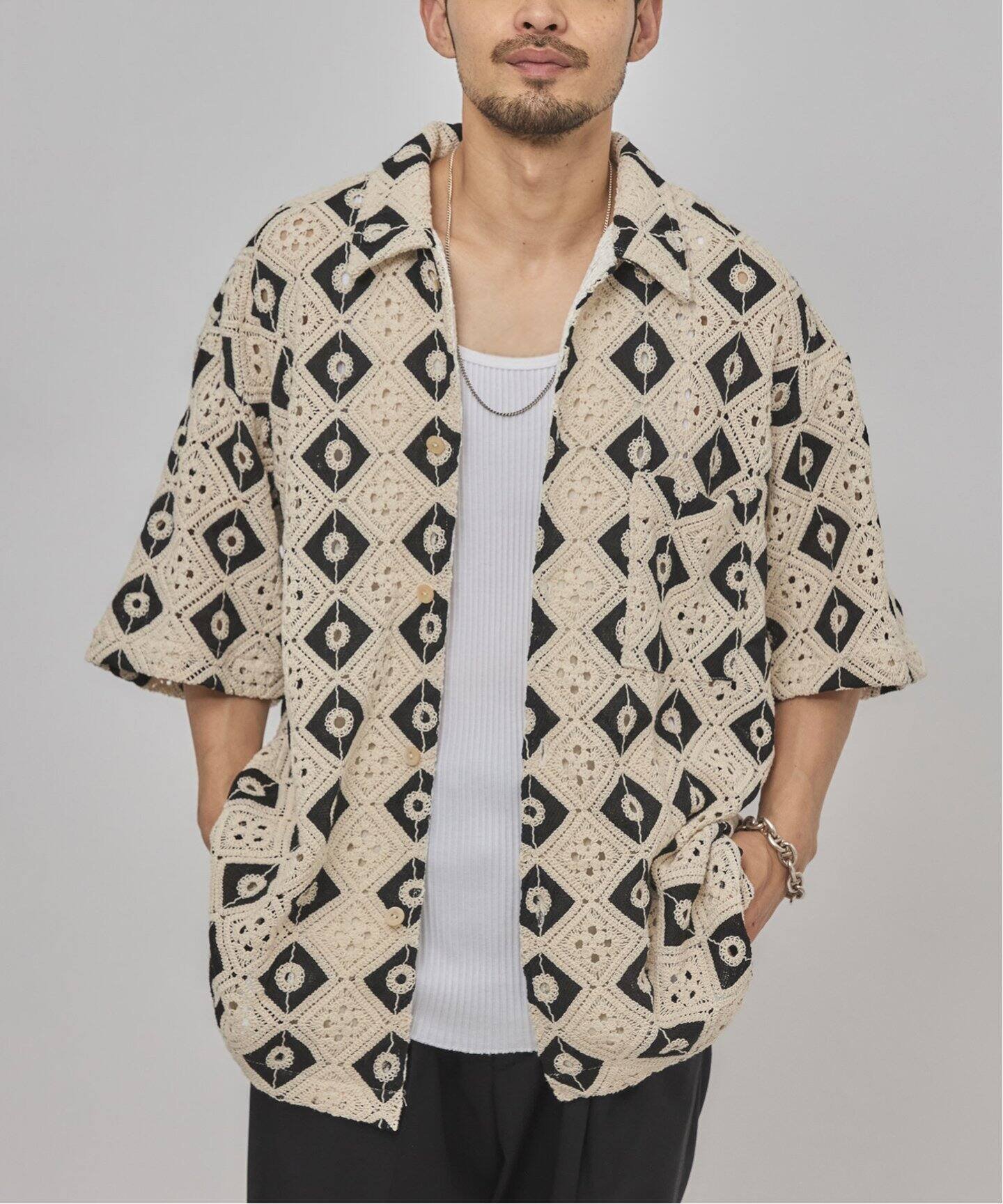 EDIFICE クロシェ オープンカラー ショートスリーブ シャツ エディフィス トップス シャツ・ブラウス ブラック ブルー【送料無料】のサムネイル