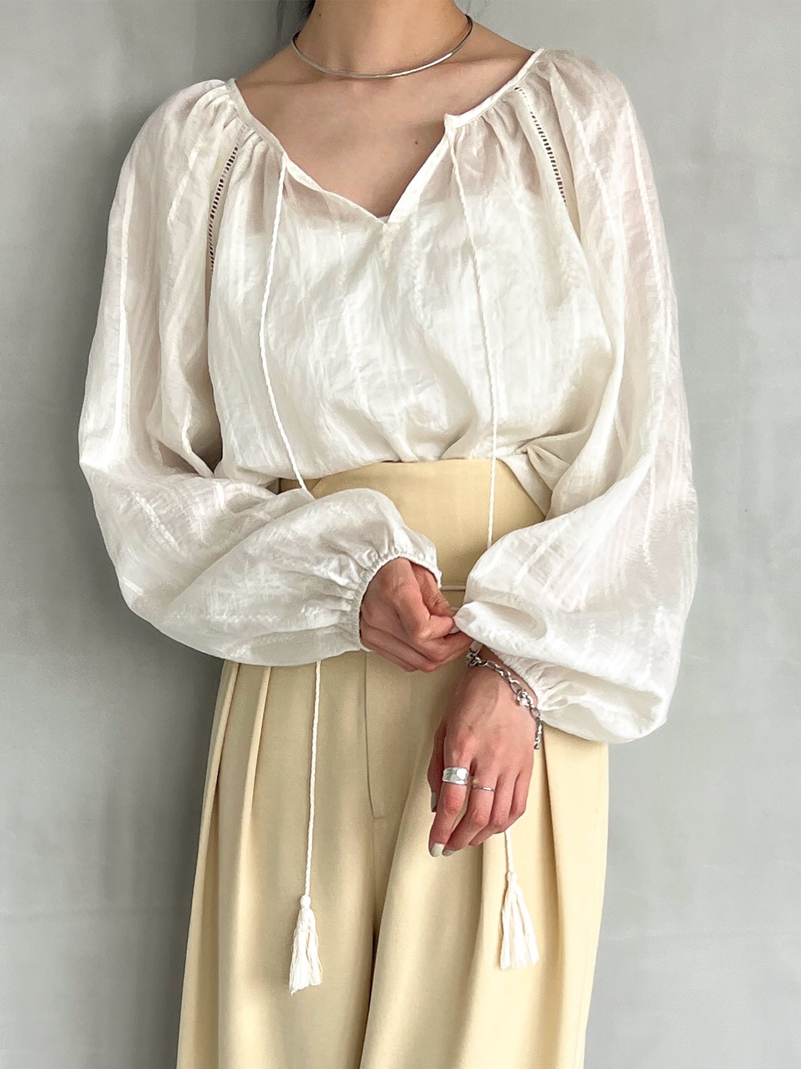 Long-Sleeved - Olu. シアーフリンジコードブラウス オルドット トップス シャツ・ブラウス イエロー ホワイト【送料無料】