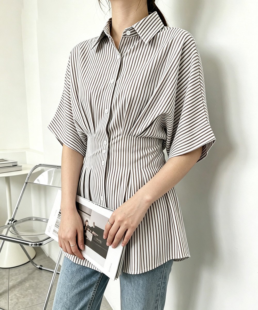 miniministore ストライプシャツブラウス ウエストマーク ミニミニストア トップス シャツ・ブラウス ブラック ピンク