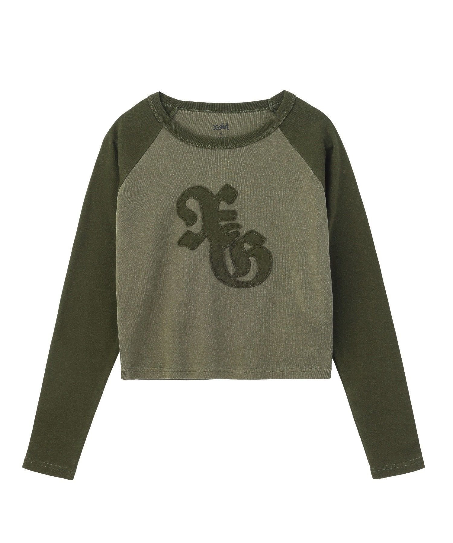 X-girl PIGMENT DYED PATCH RAGLAN L/S BABY TEE エックスガール トップス カットソー・Tシャツ ブラック グリーン