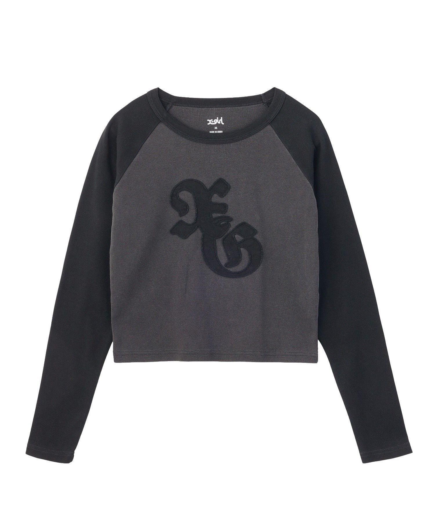 X-girl PIGMENT DYED PATCH RAGLAN L/S BABY TEE エックスガール トップス カットソー・Tシャツ ブラック グリーン