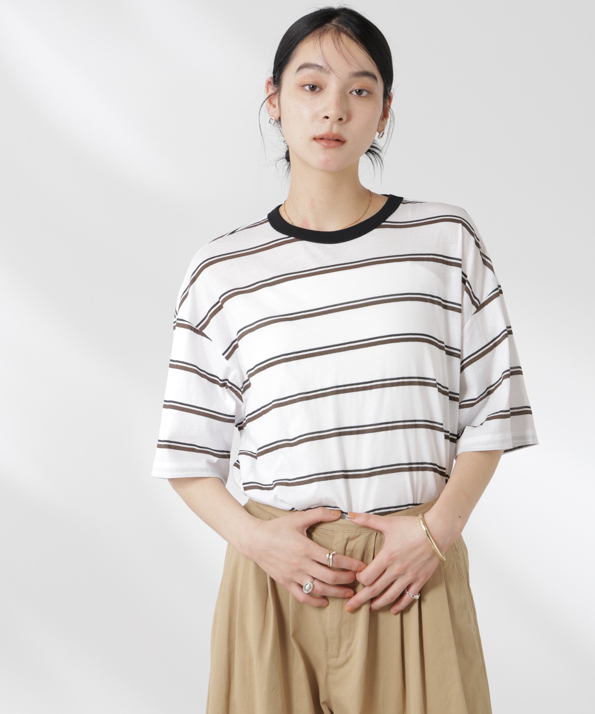【SALE／60%OFF】NANO universe ボーダーシアーコットンTシャツ ナノユニバース ト...