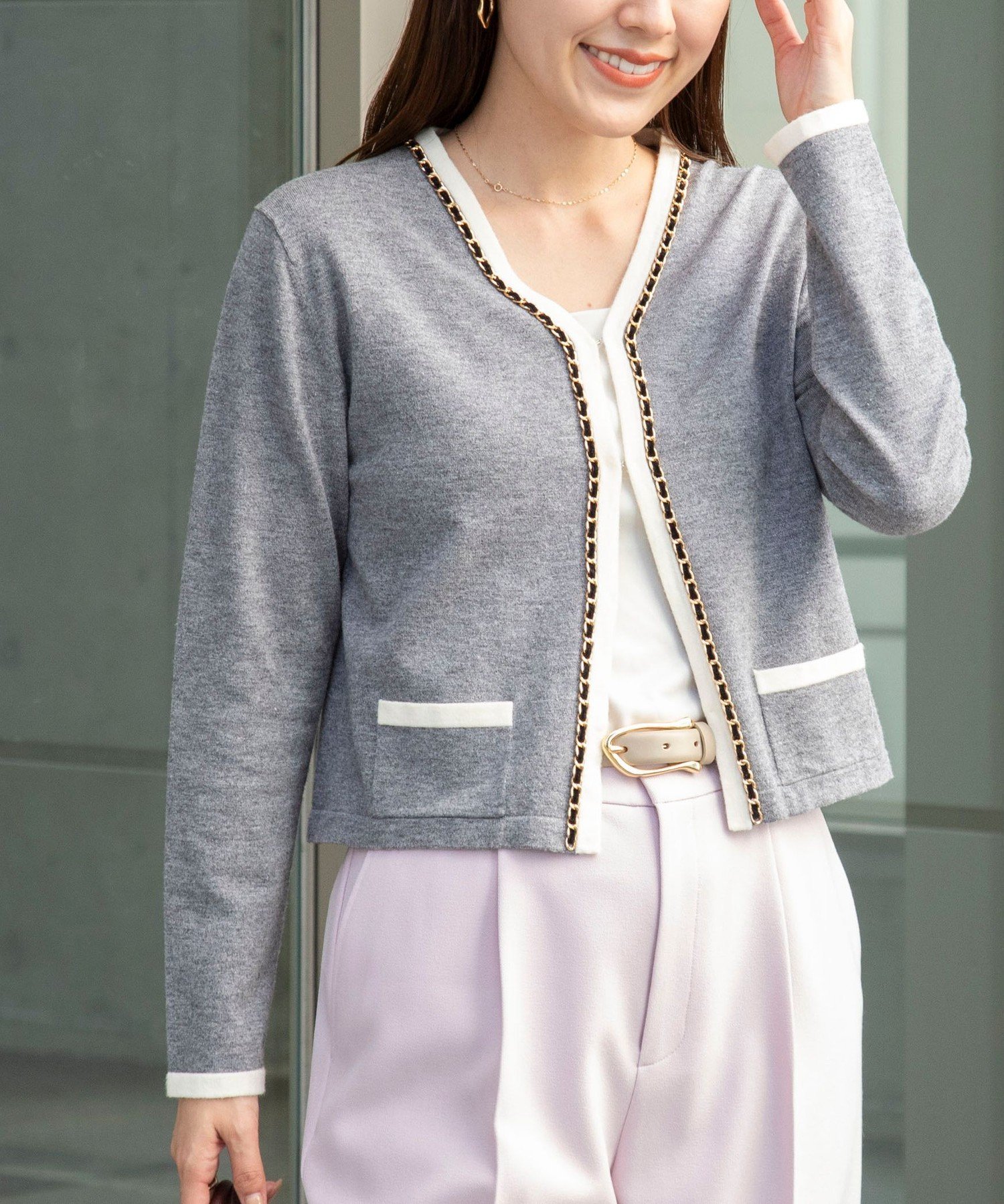 NOLLEY'S チェーンブレードVネックカーディガン ノーリーズ トップス カーディガン グレー ブラック【送料無料】のサムネイル