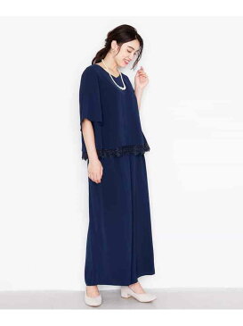 eur3 【大きいサイズ】ブラウス×ワイドパンツセットアップ エウルキューブ ワンピース ワンピースその他 ネイビー ブラック【送料無料】