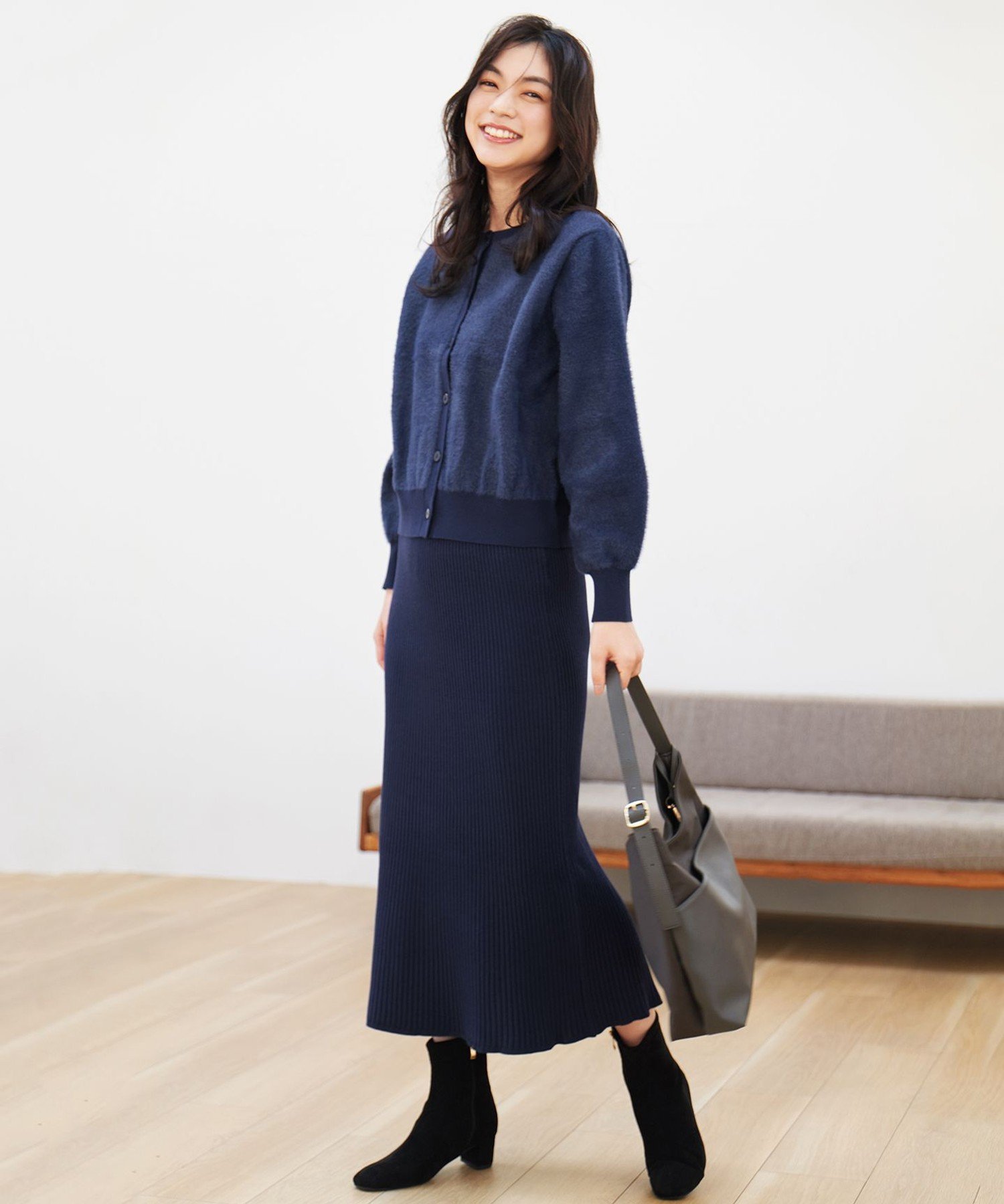 【SALE／50%OFF】ANY フェザーカーディガン×ニットスカートセットアップ エニィ ジ...