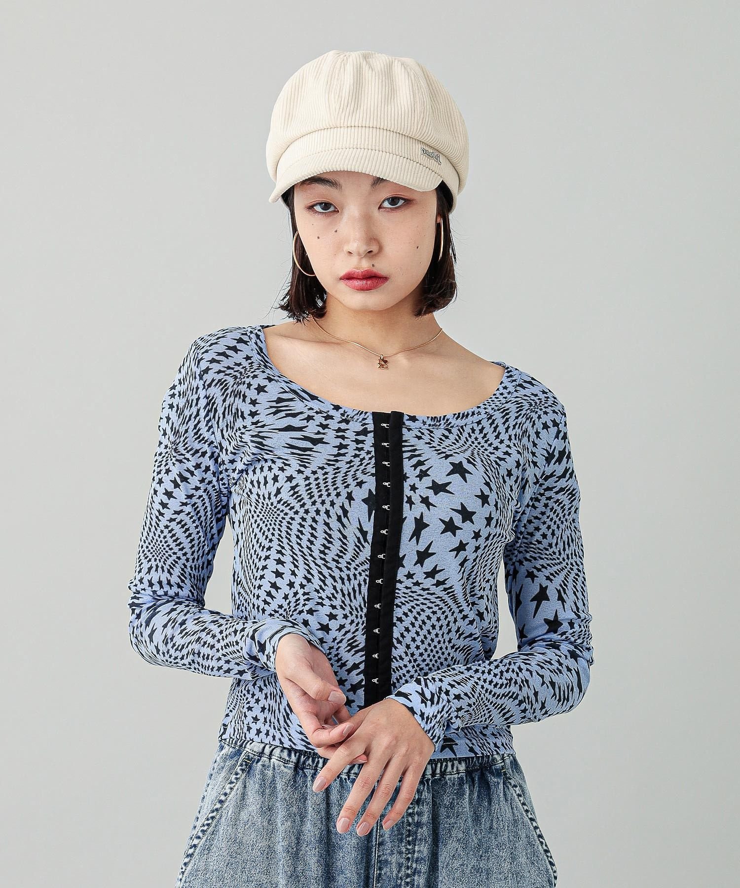 X-girl DISTORTED STARS COMAPCT CARDIGAN エックスガール トップス カットソー・Tシャツ ブルー グレー