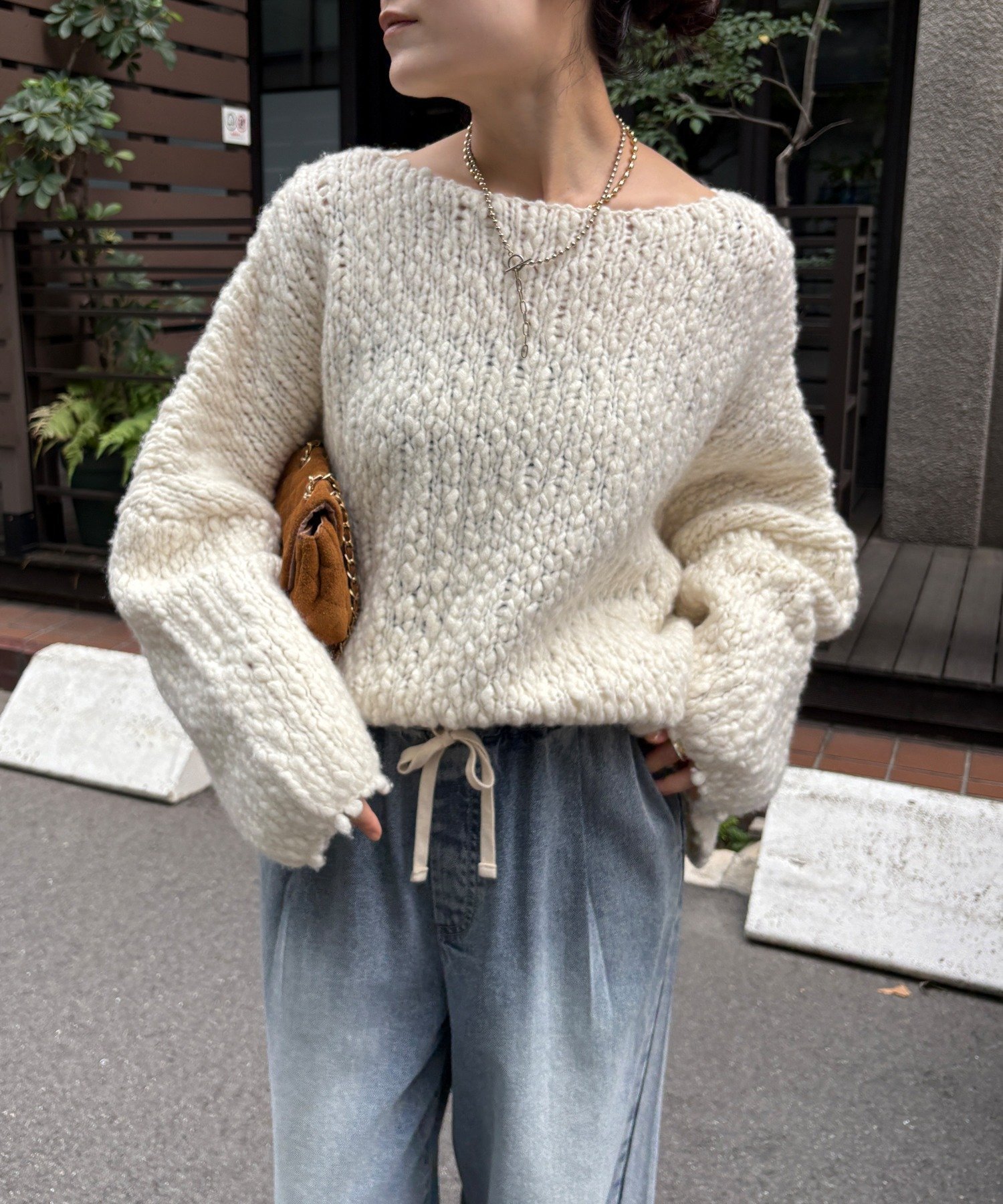 DouDou ウールスラブロービングニット ドゥドゥ トップス ニット ネイビー オレンジ ホワイト【送料無料】