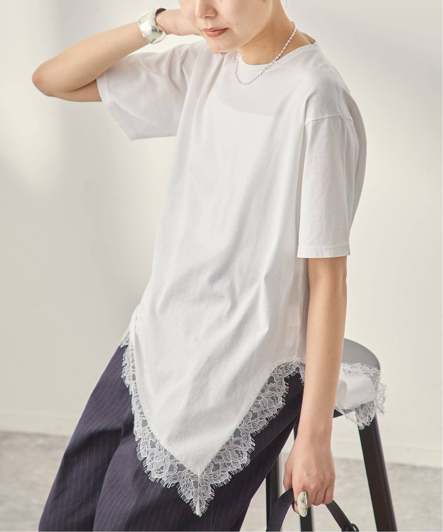 JOURNAL STANDARD L'ESSAGE レースイレギュラーヘムTシャツ ジャーナルスタンダード レサージュ トップス カットソー・Tシャツ グレー ベージュ ブラウン