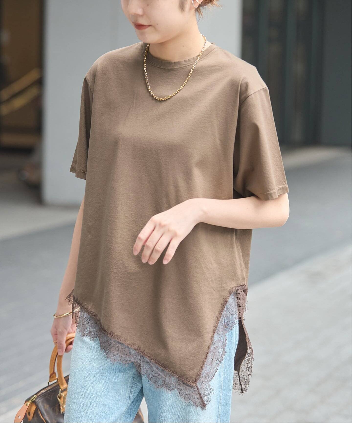JOURNAL STANDARD L'ESSAGE レースイレギュラーヘムTシャツ ジャーナルスタンダード レサージュ トップス カットソー・Tシャツ グレー ベージュ ブラウン