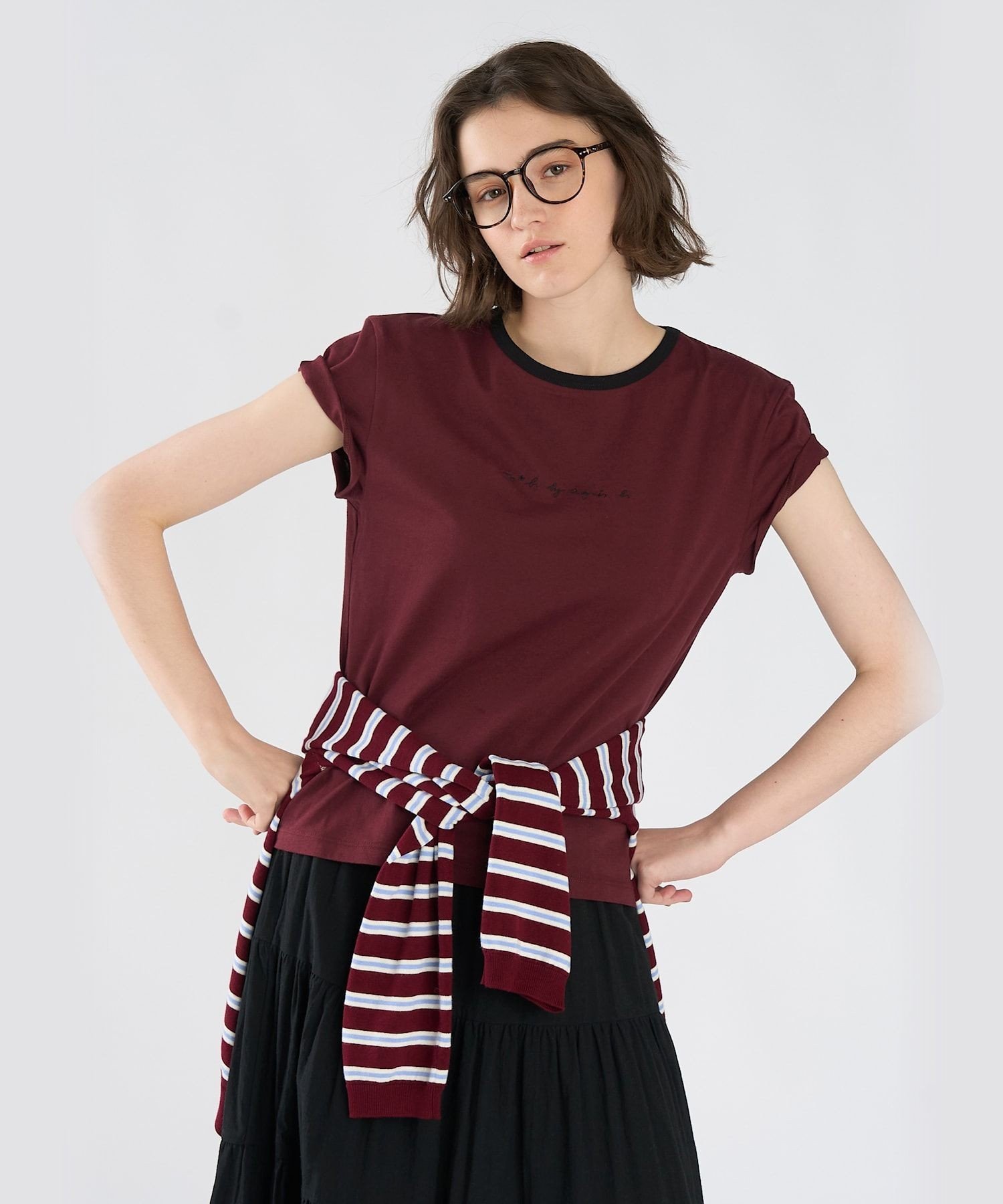 . To b. by agnes b.* green label relaxing ロゴ刺繍 オーガニックコットン リンガーTシャツ アニエスベー トップス カットソー・Tシャツ ワインレッド