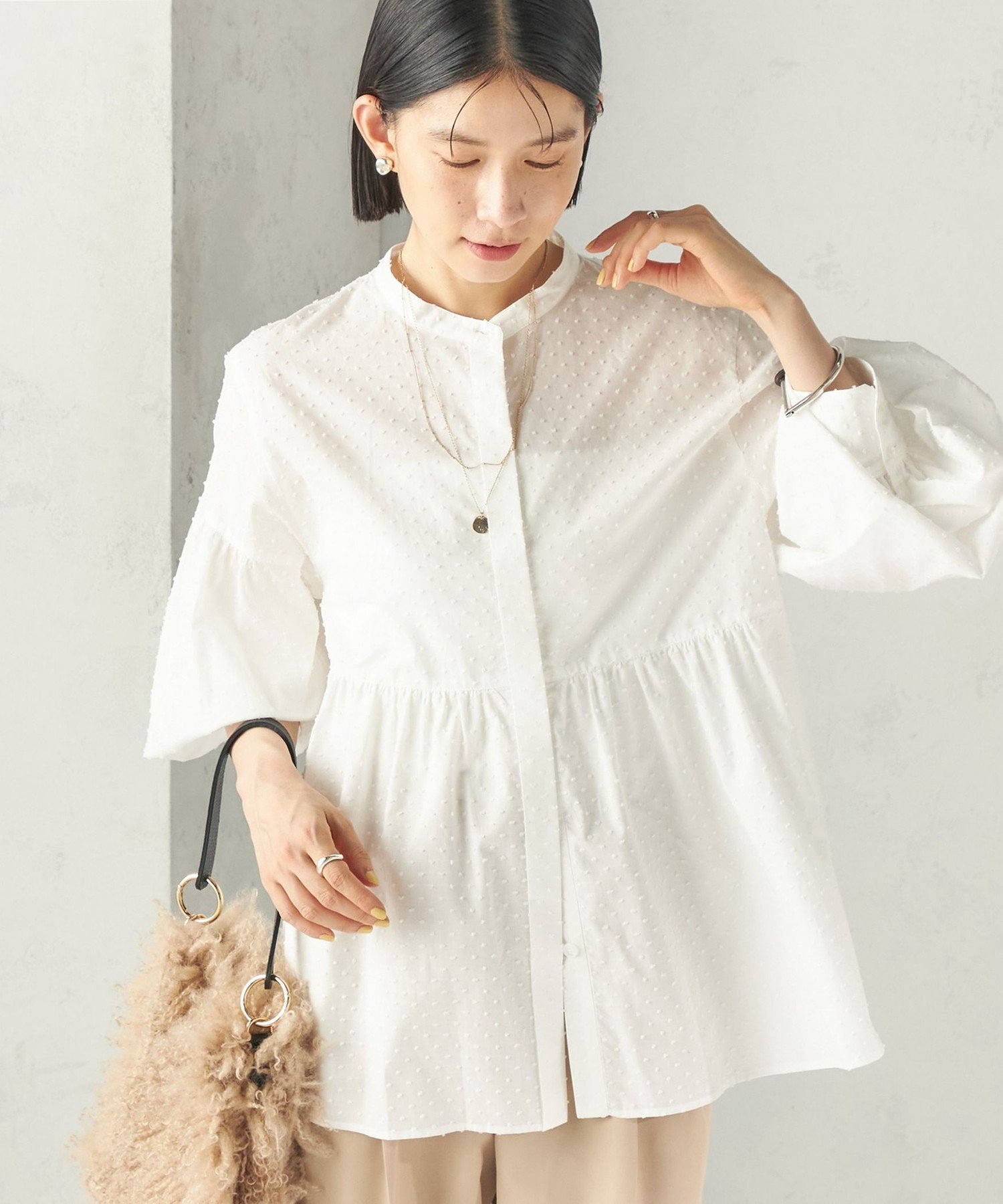 WOMEN 《予約》＜手洗い可能＞カット ジャカード ウエスト 切替 オープン ブラウス シップス トップス シャツ・ブラウス ホワイト ブラウン ネイビー