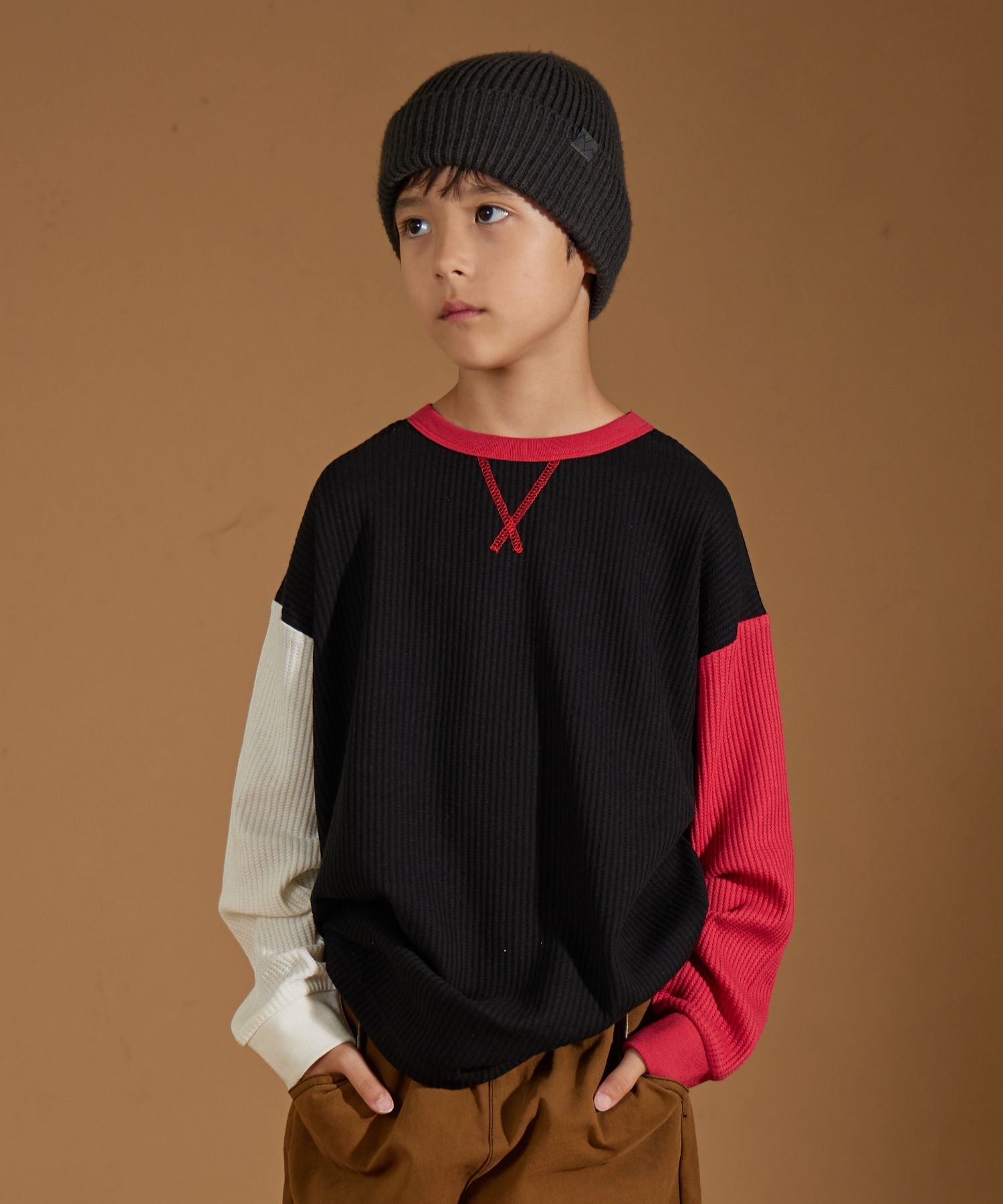 PAIRMANON STREET 【PAIRMANON STREET】アソート ビッグシルエット ガゼット ワッフル ロンT ペアマノン トップス カットソー・Tシャツ ベージュ ブラック オレンジ ホワイト レッドのサムネイル