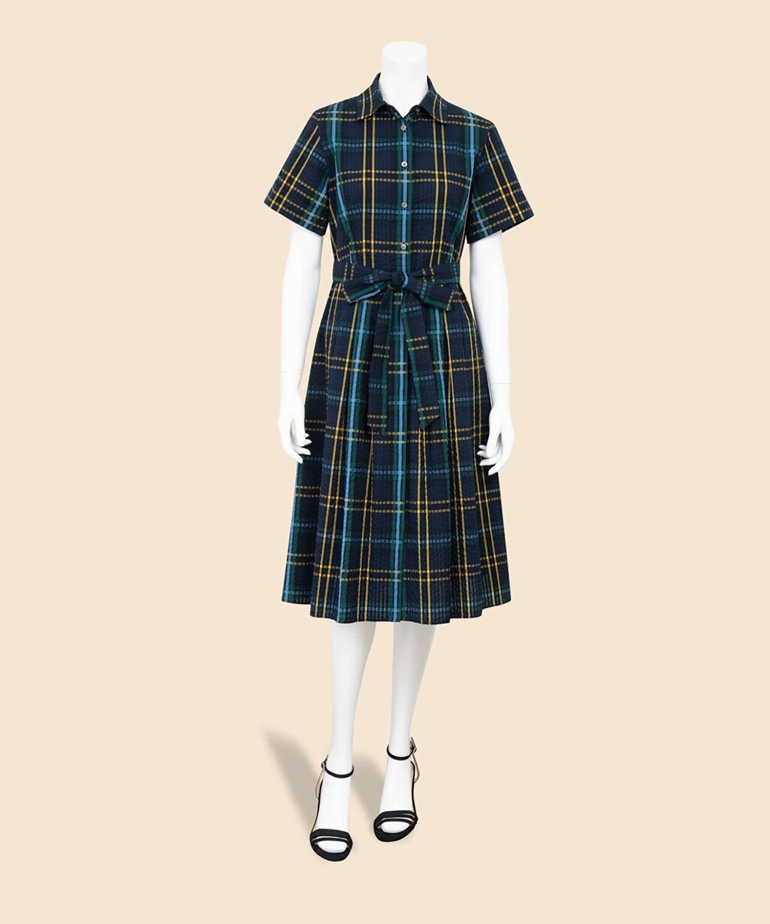 BROOKS BROTHERS コットン シアサッカー タータンチェック ショートスリーブ シャツワンピース ブルックス ブラザーズ ワンピース・ドレス シャツワンピース ネイビー【送料無料】