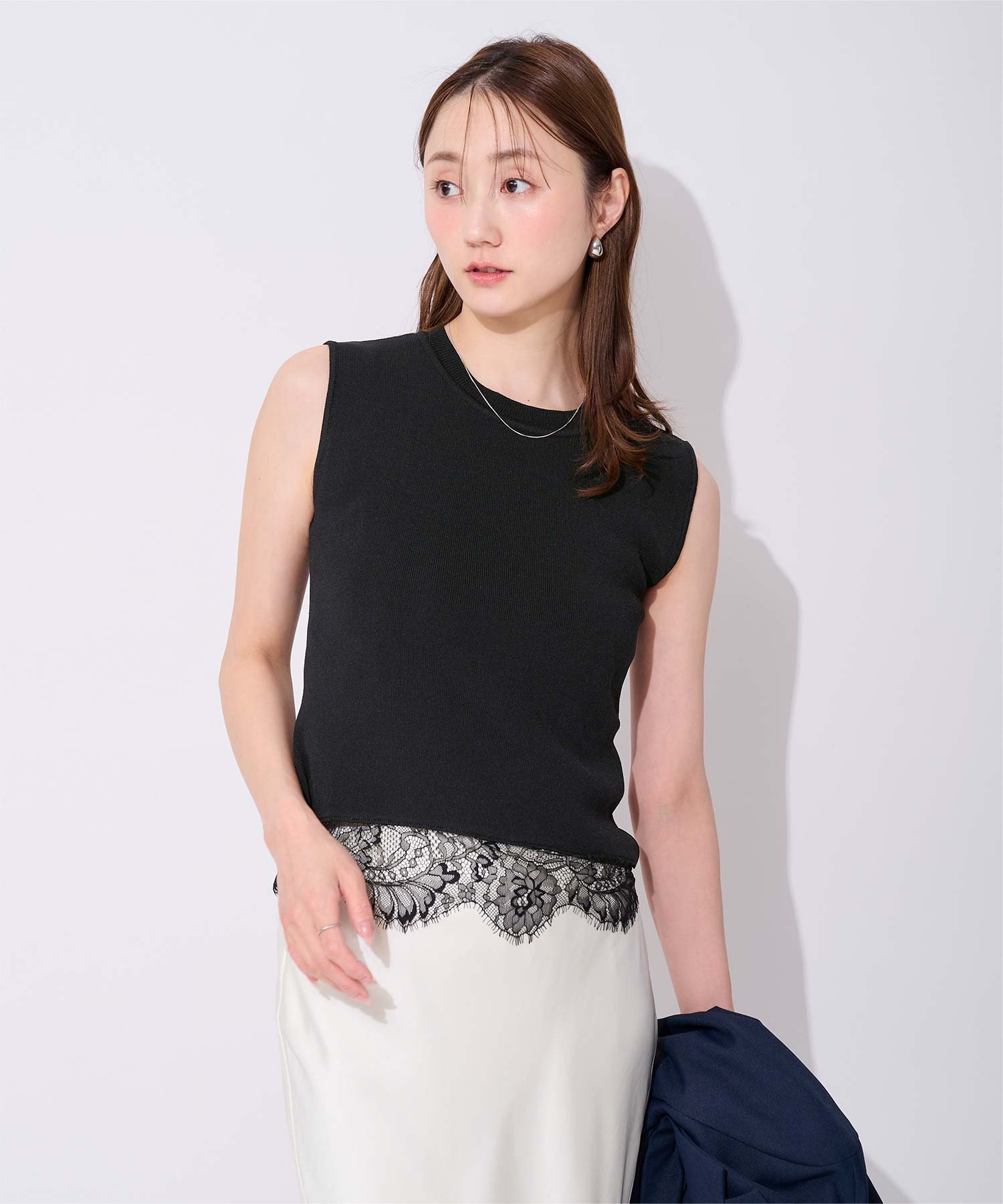 ur's ヘム レース ノースリーブ ニット トップス タンクトップ オフィス きれいめ 上品 ユアーズ トップス ニット ブラック