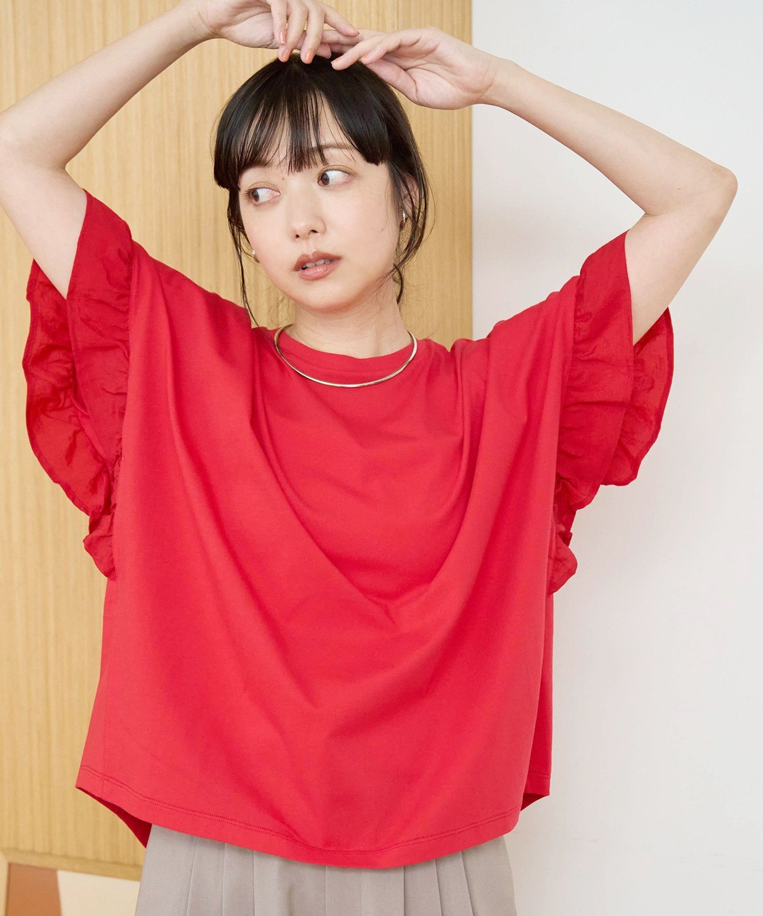Patou フリルネック赤トップスリボン 半袖 Patou | オーガニック