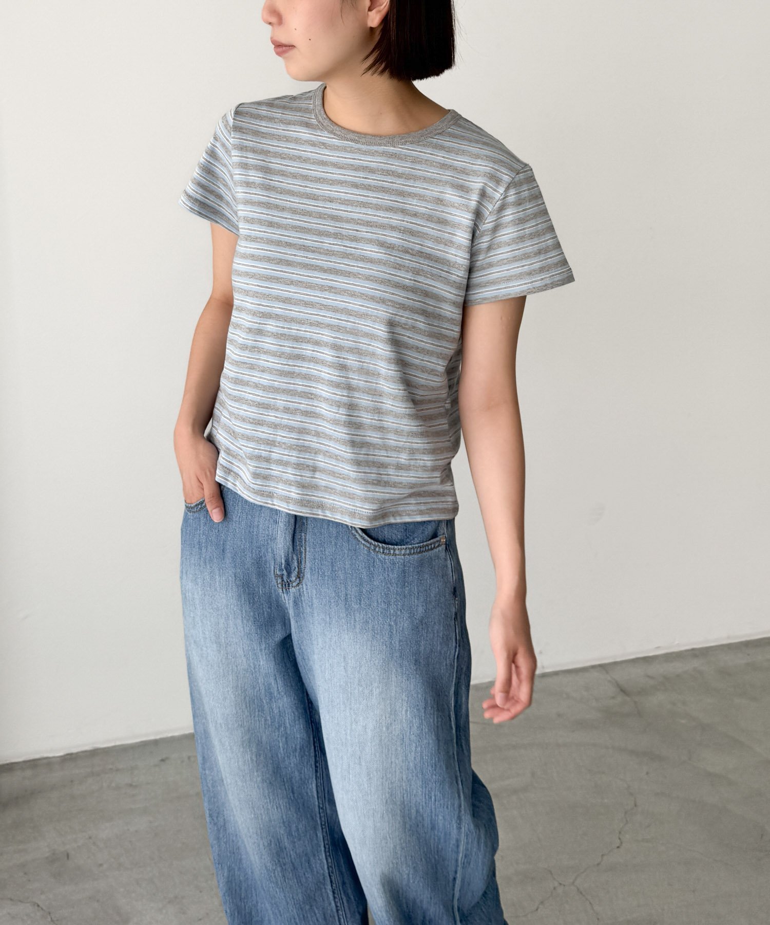 El mar マルチボーダーリンガーTシャツ キャナルジーン トップス カットソー・Tシャツ ブルー ネイビー
