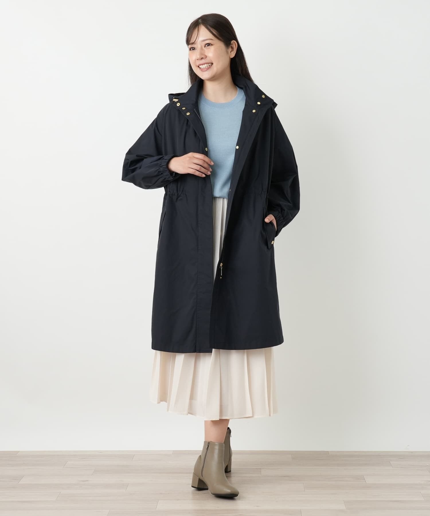 Leilian フーデッド比翼コート レリアン ジャケット・アウター ステンカラーコート ベージュ ネイビー