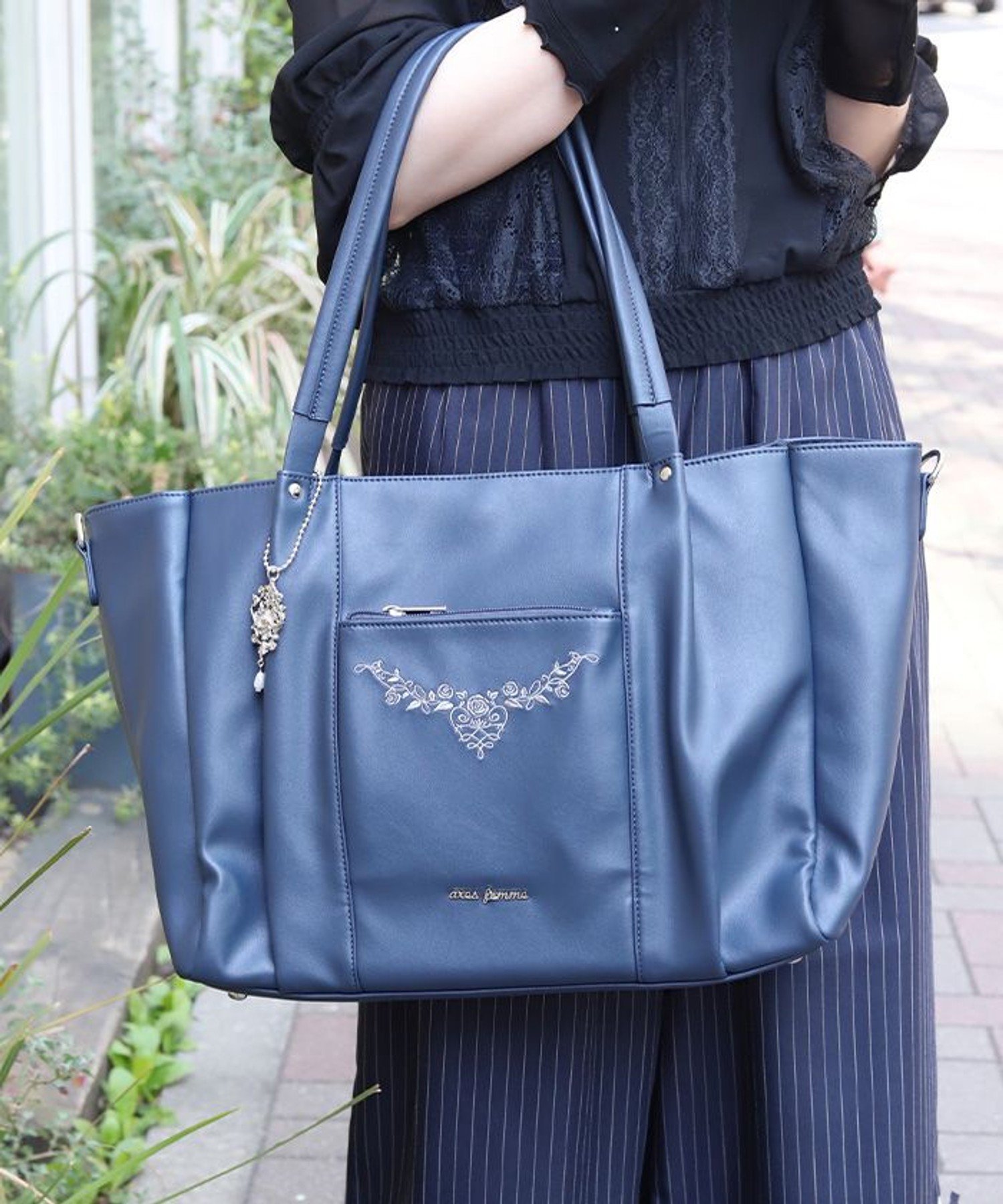 axes femme 薔薇刺繍多機能ビッグトート アクシーズファム バッグ トートバッグ グリーン ピンク【送料無料】