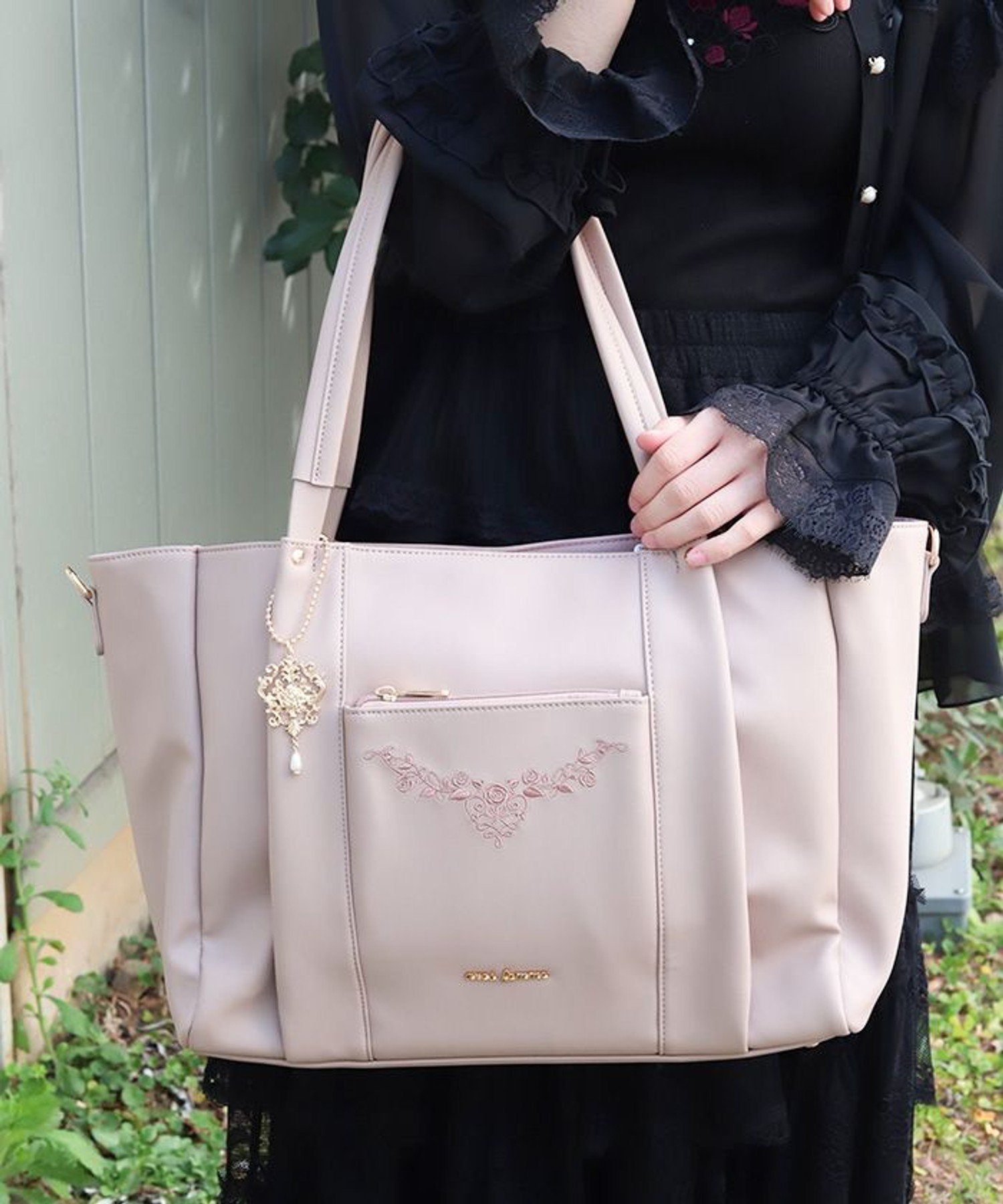 axes femme 薔薇刺繍多機能ビッグトート アクシーズファム バッグ トートバッグ グリーン ピンク【送料無料】