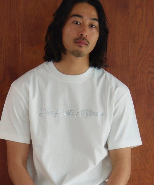 The Rolling Stones 【The Rolling Stones×JACKROSE】 シルケット天竺・ロゴ・ラインストーンSSTEE(MENS) ジャックローズ トップス カットソー・Tシャツ ブラック ホワイト