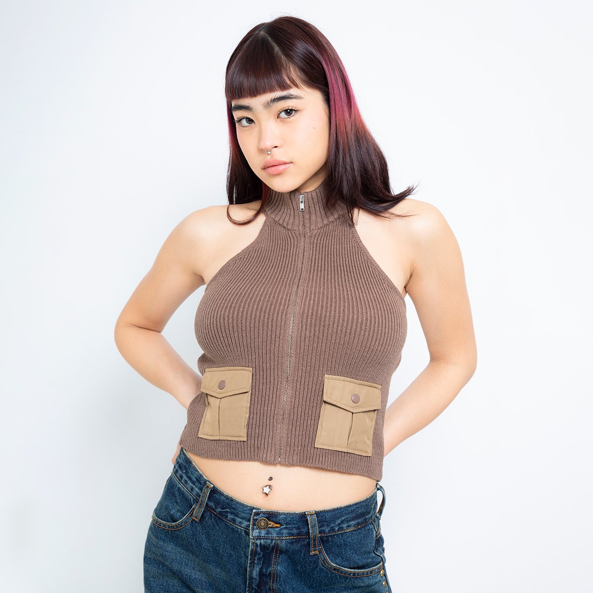 atmos pink atmos pink Choker Neck Knit Top BROWN アトモス トップス ニット ブラウン【送料無料】