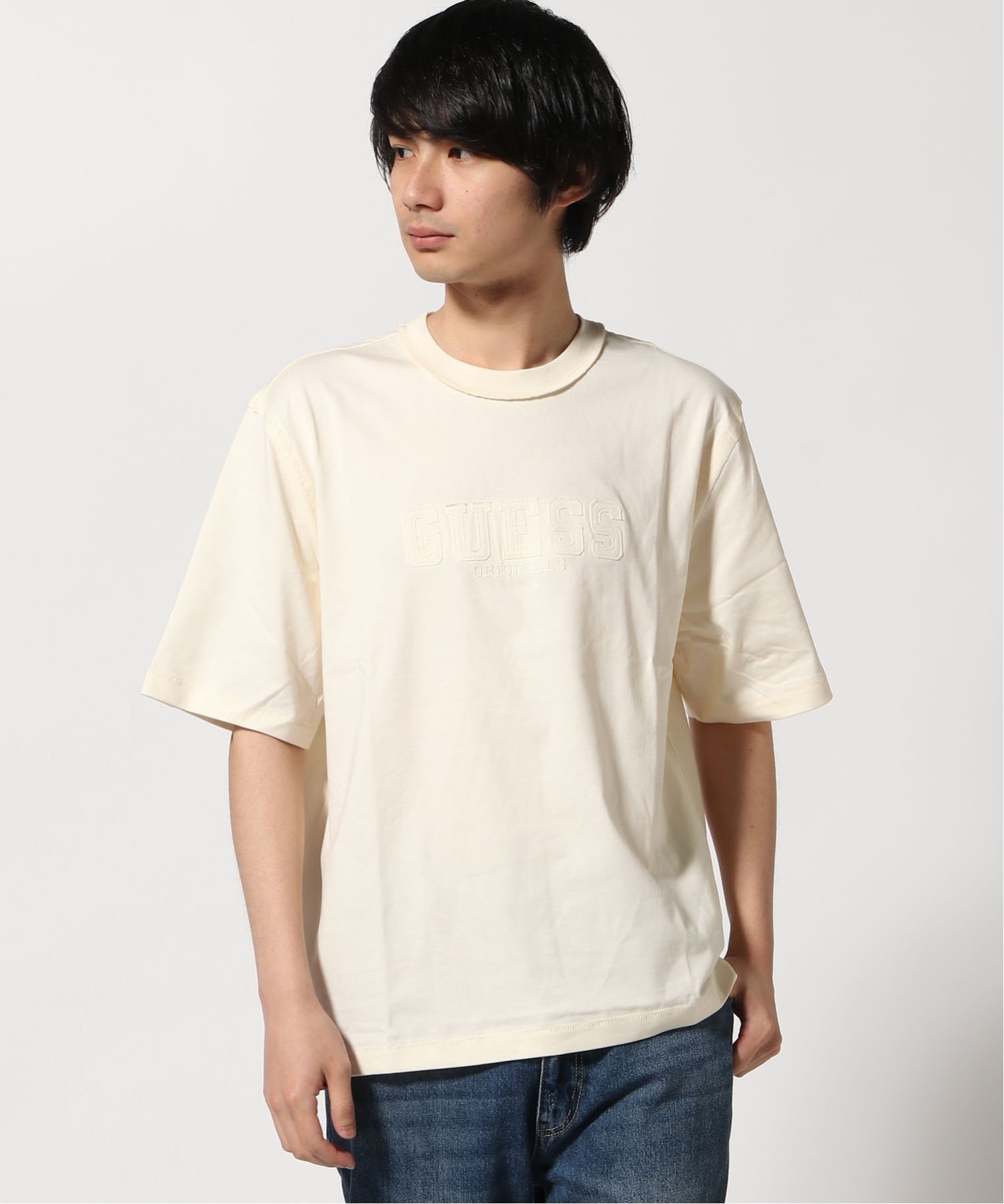 GUESS Originals 半袖Tシャツ (M)Applique Boxy Tee ゲス トップス カットソー・Tシャツ ネイビー ホワイト ブラック