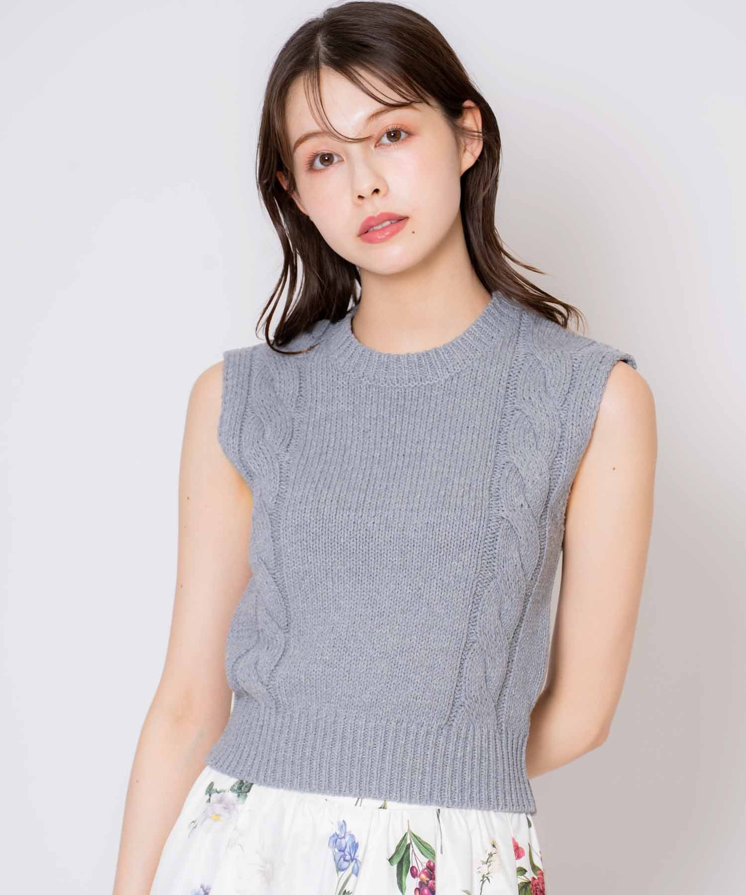 Noela ケーブルノースリニット ノエラ トップス ニット ネイビー ホワイト グレー