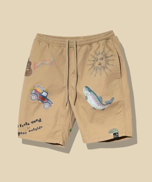ストレッチツイル断ち身プリントイージーショーツ (MENS) ゴースローキャラバン パンツ その他のパンツ ホワイト ベージュ