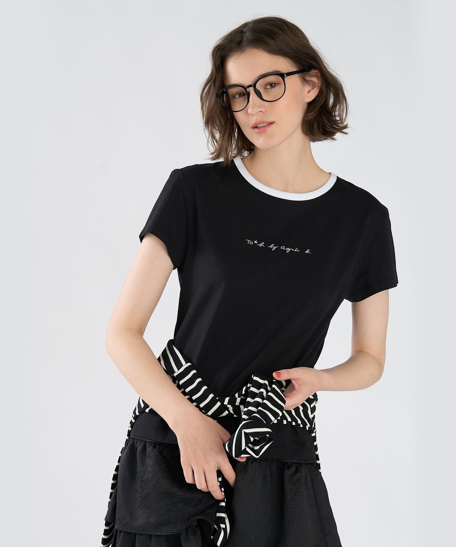 . To b. by agnes b.* green label relaxing ロゴ刺繍 オーガニックコットン リンガーTシャツ アニエスベー トップス カットソー・Tシャツ ブラック