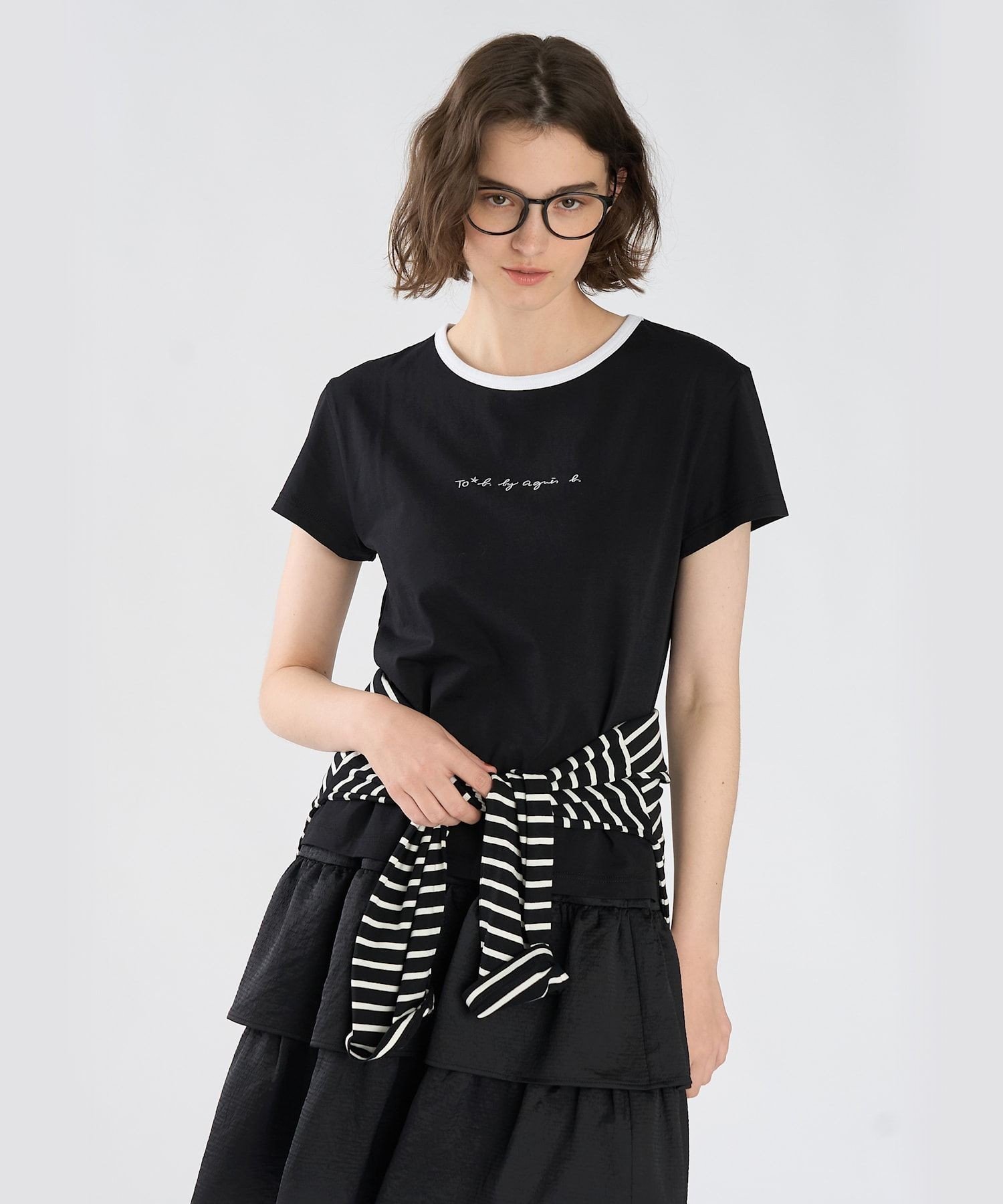 . To b. by agnes b.* green label relaxing ロゴ刺繍 オーガニックコットン リンガーTシャツ アニエスベー トップス カットソー・Tシャツ ブラック