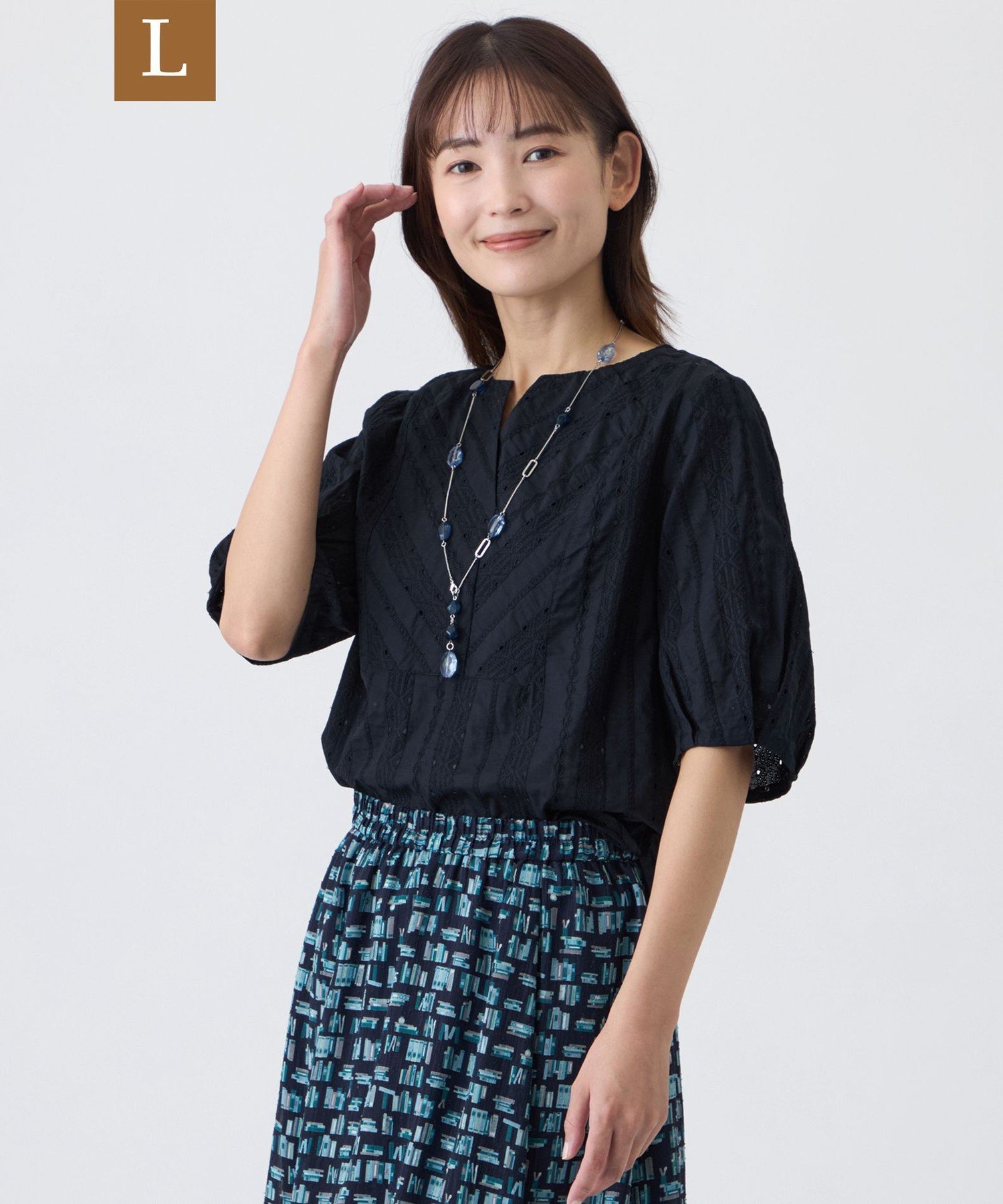 TRANS WORK 【L】【接触冷感・ウォッシャブル】幾何エンブロイダリーレース*スムースカットソー サンヨー エルサイズ トップス カットソー・Tシャツ ホワイト ネイビー カーキグリーン