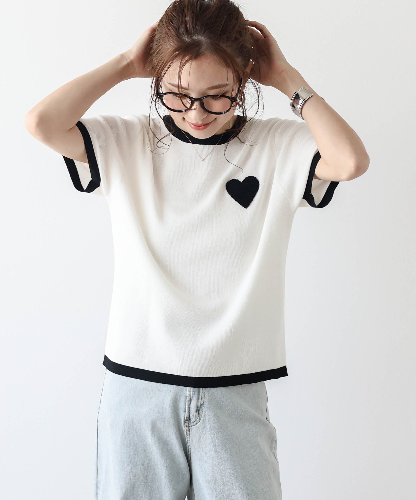 La-gemme ハート刺繍リンガーサマーニット ラジュール トップス ニット ホワイト レッド ブラック