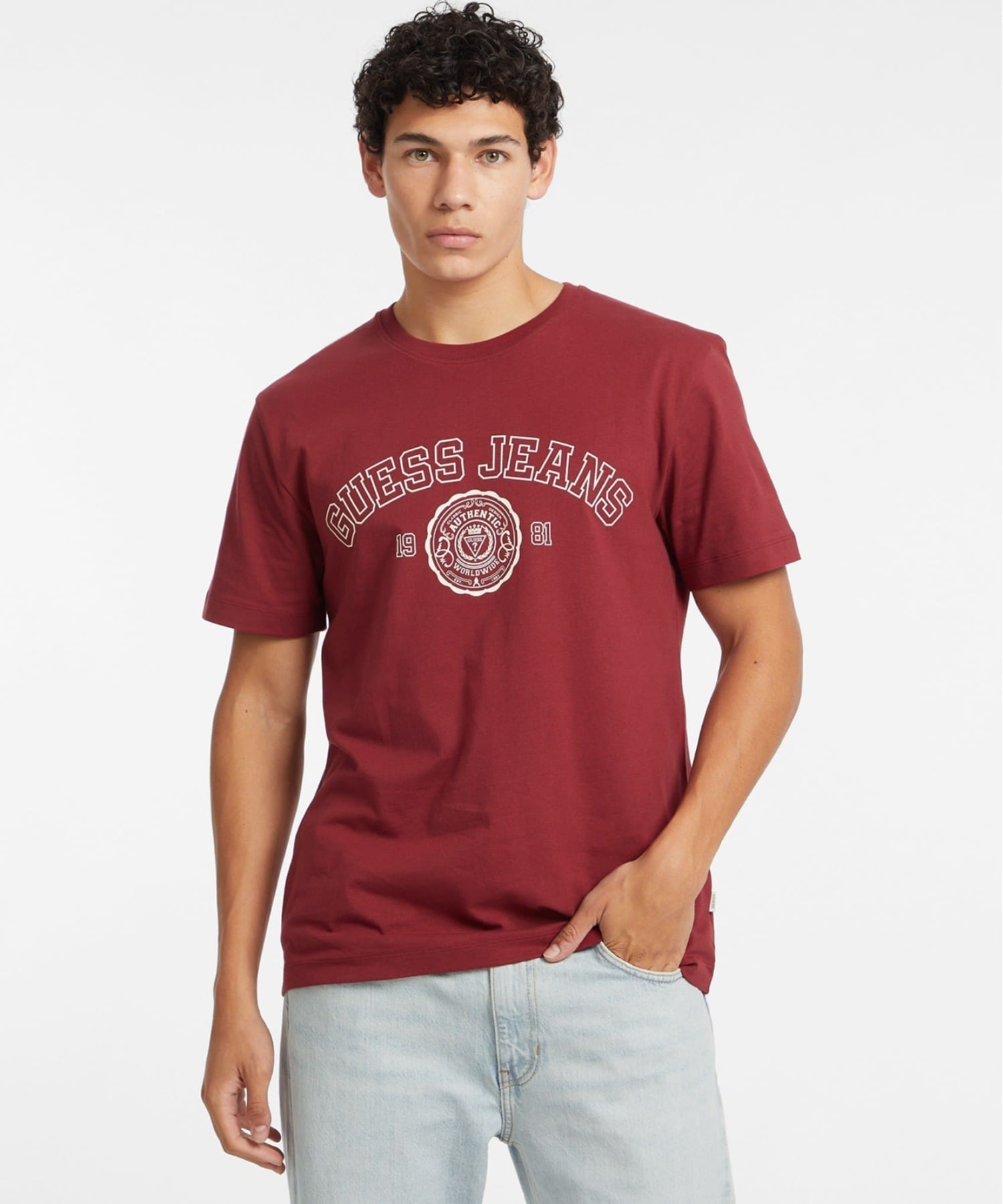 GUESS JEANS 半袖 Tシャツ(M)Reg Stamp Print Tee ゲス トップス カットソー・Tシャツ グレー レッド ブラック