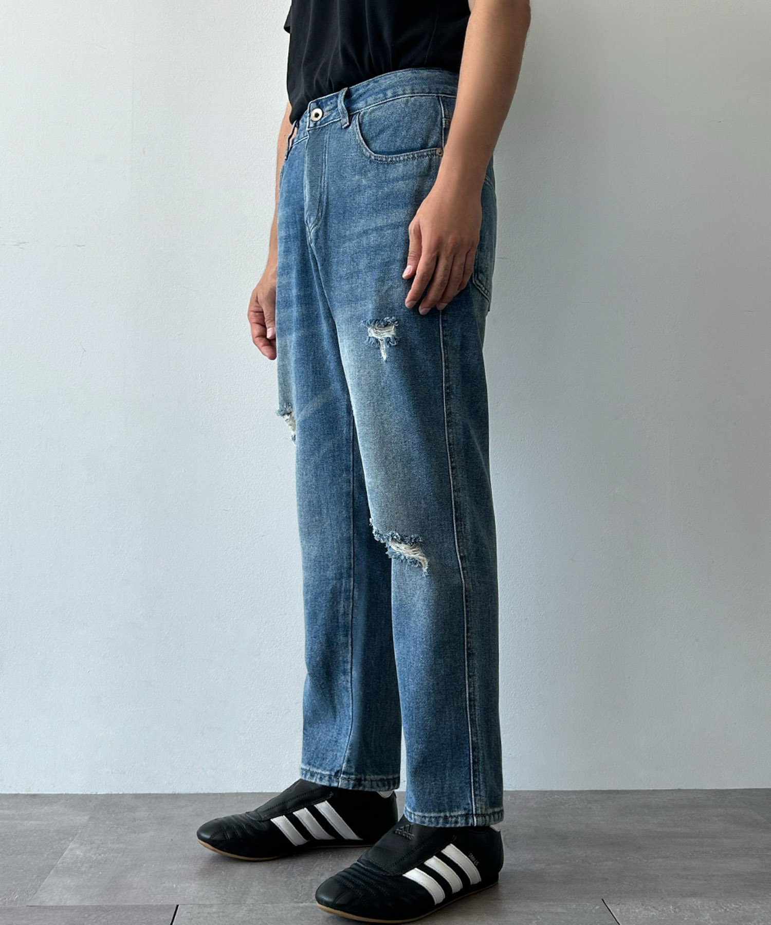 LOWO 綿混クラッシュ加工デニムパンツ リバーフィールド アンド コー パンツ ジーンズ・デニムパンツ ブルー