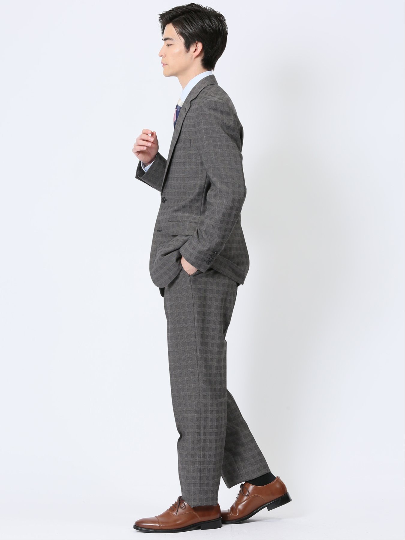 TAKA-Q ストレッチウォッシャブル レギュラーフィット 2ボタン2ピーススーツ チェックグレー 【25SS】 メンズ セットアップ ジャケット ビジネス カジュアル 通勤 仕事 タカキュー スーツ・フォーマル セットアップスーツ グレー【送料無料】