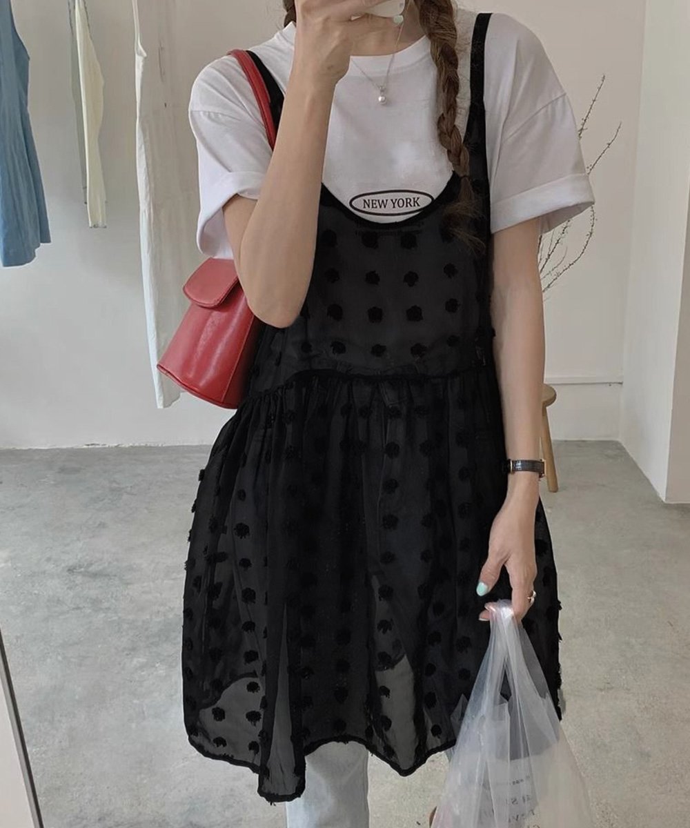 【SALE／29%OFF】miniministore ドット柄チュールキャミチュニック 韓国風 ミニミニストア トップス キャミソール ブラック ホワイト