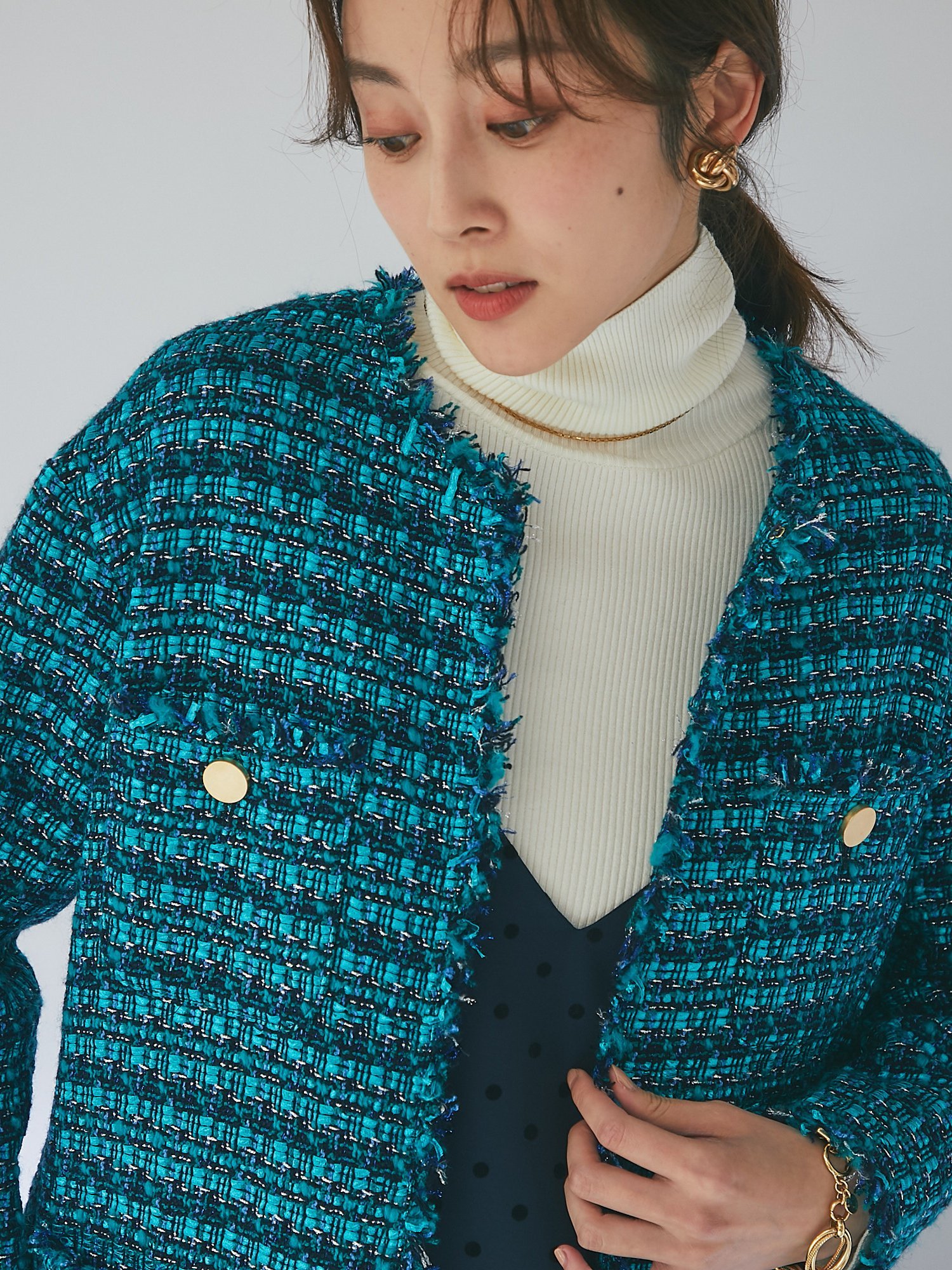 【SALE／50%OFF】La boutique BonBon 【豪華な見た目で軽い着心地】ファンシーツイードジャケット ラブティックボンボン ジャケット・アウター テーラードジャケット・ブレザー グリーン ベージュ【送料無料】のサムネイル