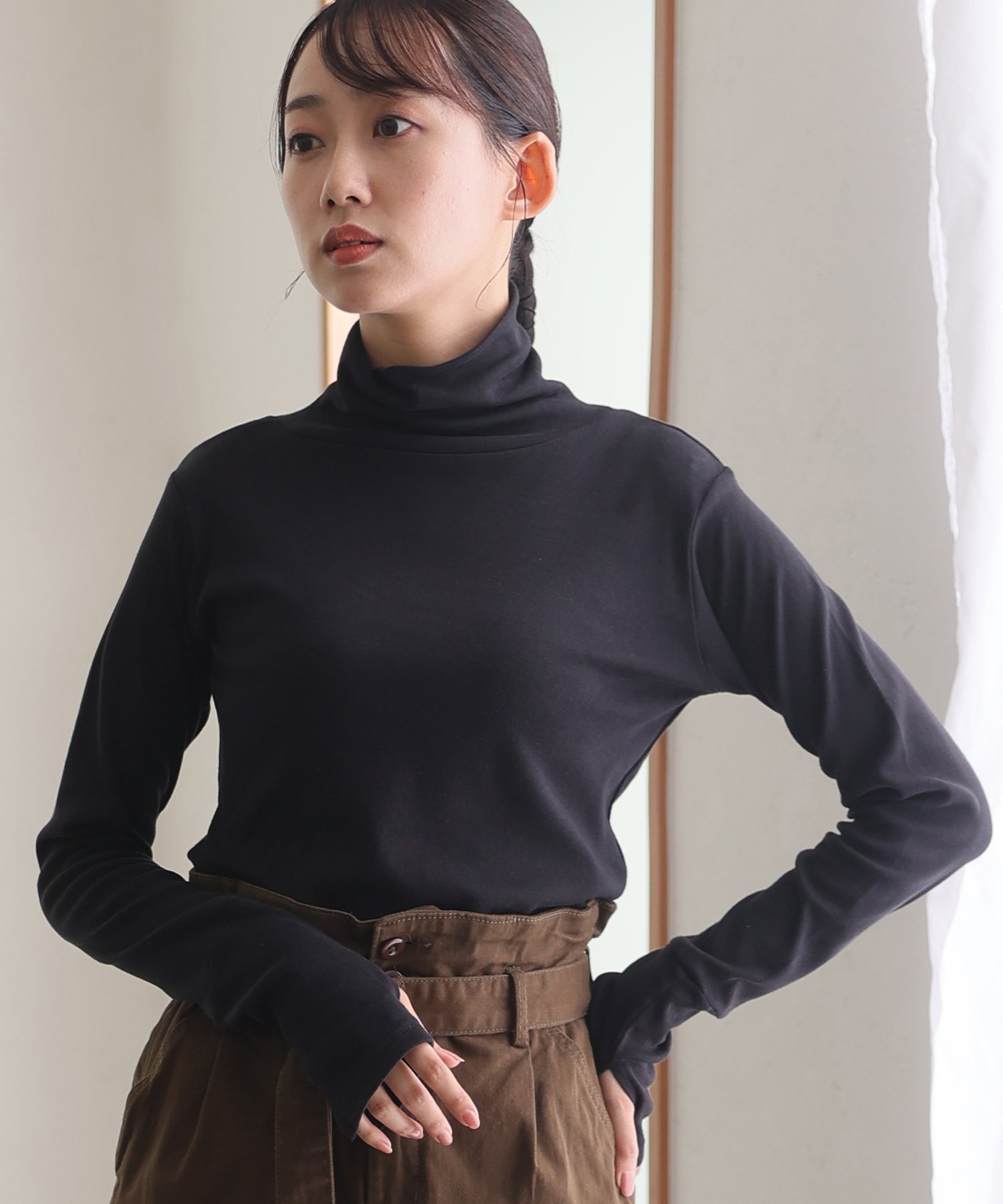 PourVous ハイネック指穴カットソー カットソーきれいめトップス 長袖 ブラウス プールヴー トップス ..