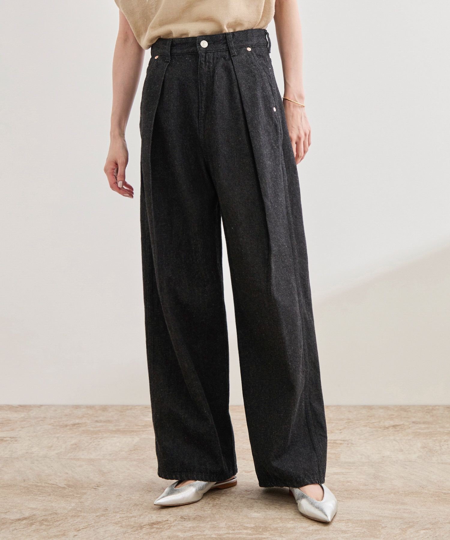 【SALE／30%OFF】ROPE' 【洗える】ワンタック ワイドデニムパンツ ロペ パンツ ジーンズ・デニムパンツ ブルー ブラック【送料無料】