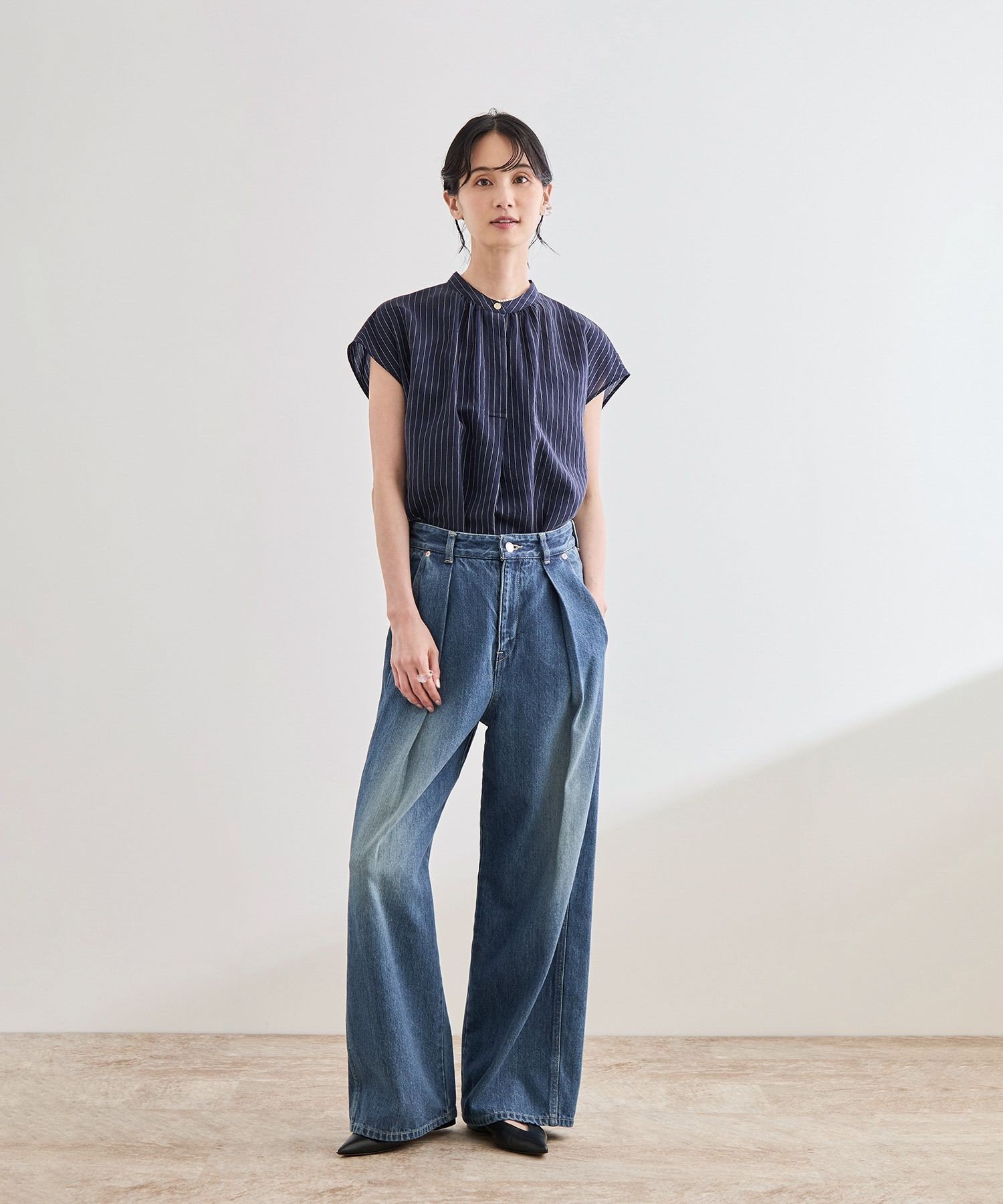 【SALE／30%OFF】ROPE' 【洗える】ワンタック ワイドデニムパンツ ロペ パンツ ジーンズ・デニムパンツ ブルー ブラック【送料無料】