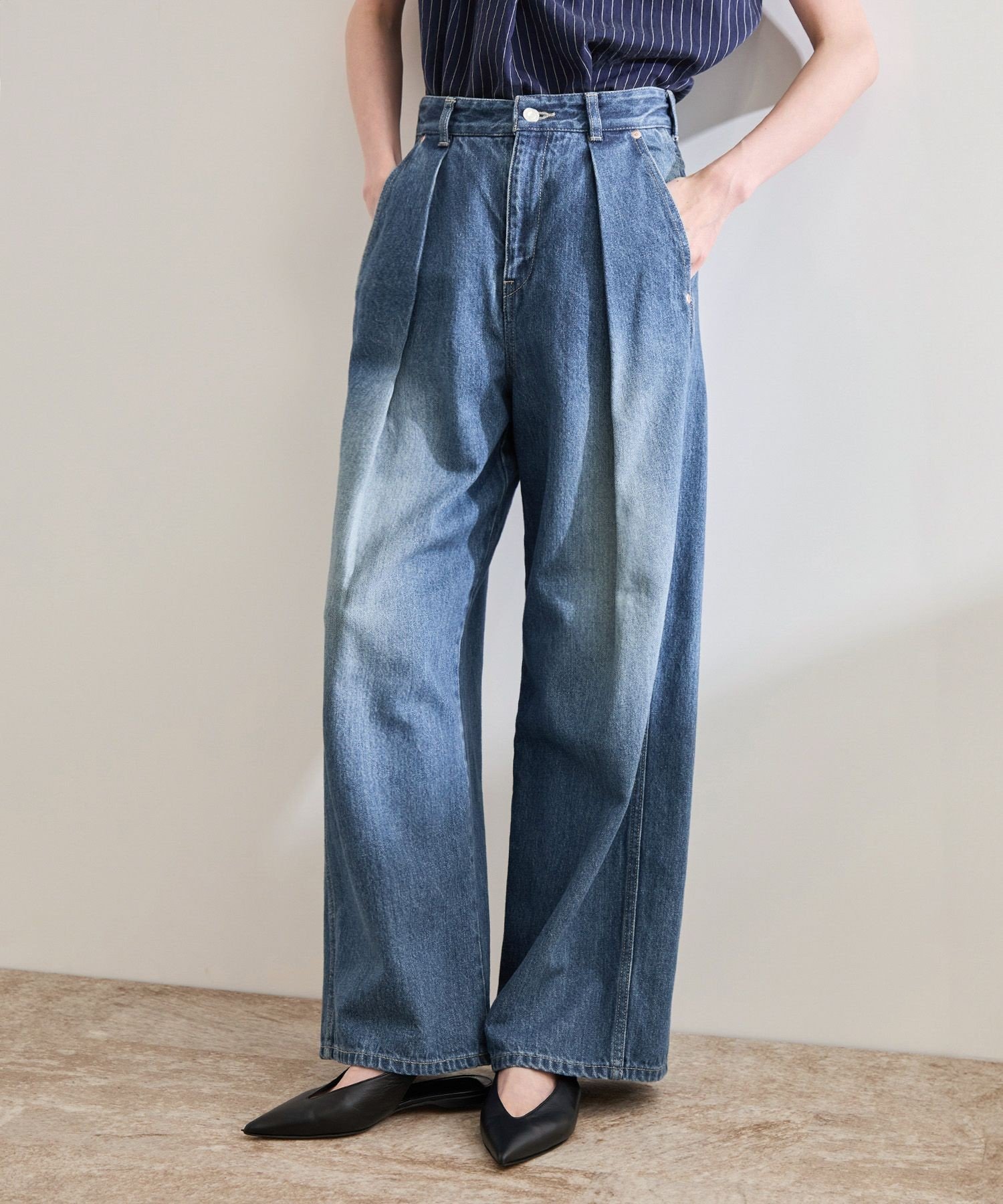 【SALE／30%OFF】ROPE' 【洗える】ワンタック ワイドデニムパンツ ロペ パンツ ジーンズ・デニムパンツ ブルー ブラック【送料無料】