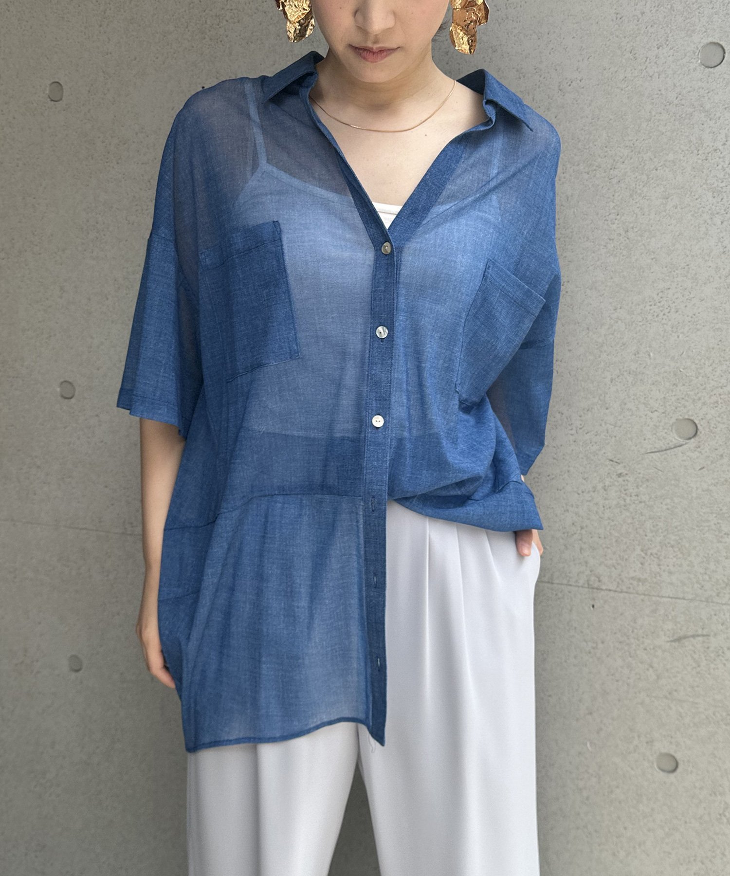 troisiemechaco troisiemechaco/チュールデニムプリントシャツ トロワズィエムチャコ トップス シャツ・ブラウス ブルー