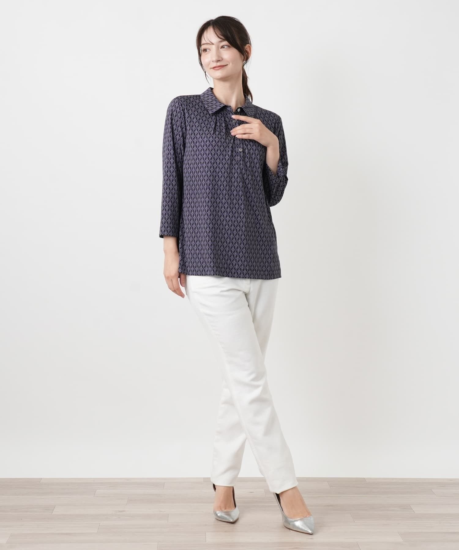 Leilian チェーン柄七分袖ブラウス【ROCHAS Premiere】 レリアン トップス カットソー・Tシャツ レッド