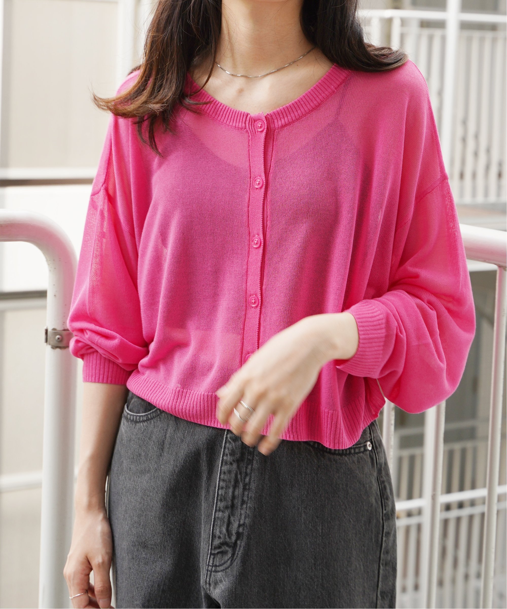 【SALE／50%OFF】VENCE share style 2Wayシアーニットカーディガン ヴァンス エクスチェンジ トップス カーディガン ブルー ピンク ホワイト ブラック オレンジ イエロー グリーン