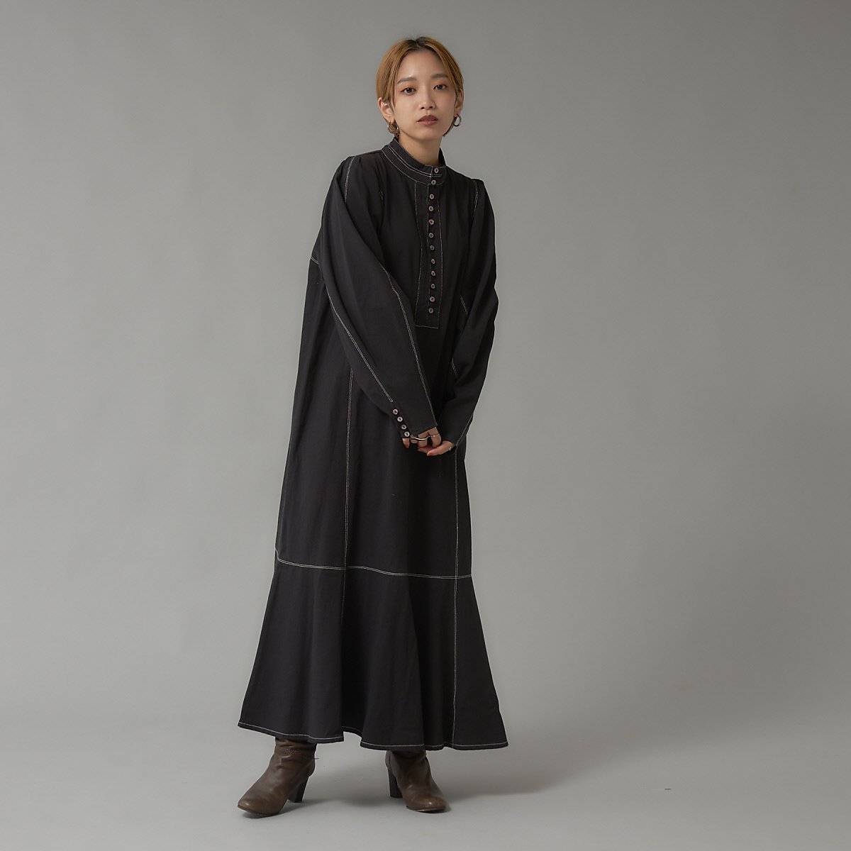【SALE／20%OFF】NOMINE 【WEB限定】バイカラーステッチパターンワンピース ノミネ ワンピース・ドレス シャツワンピース ベージュ ブラック【送料無料】