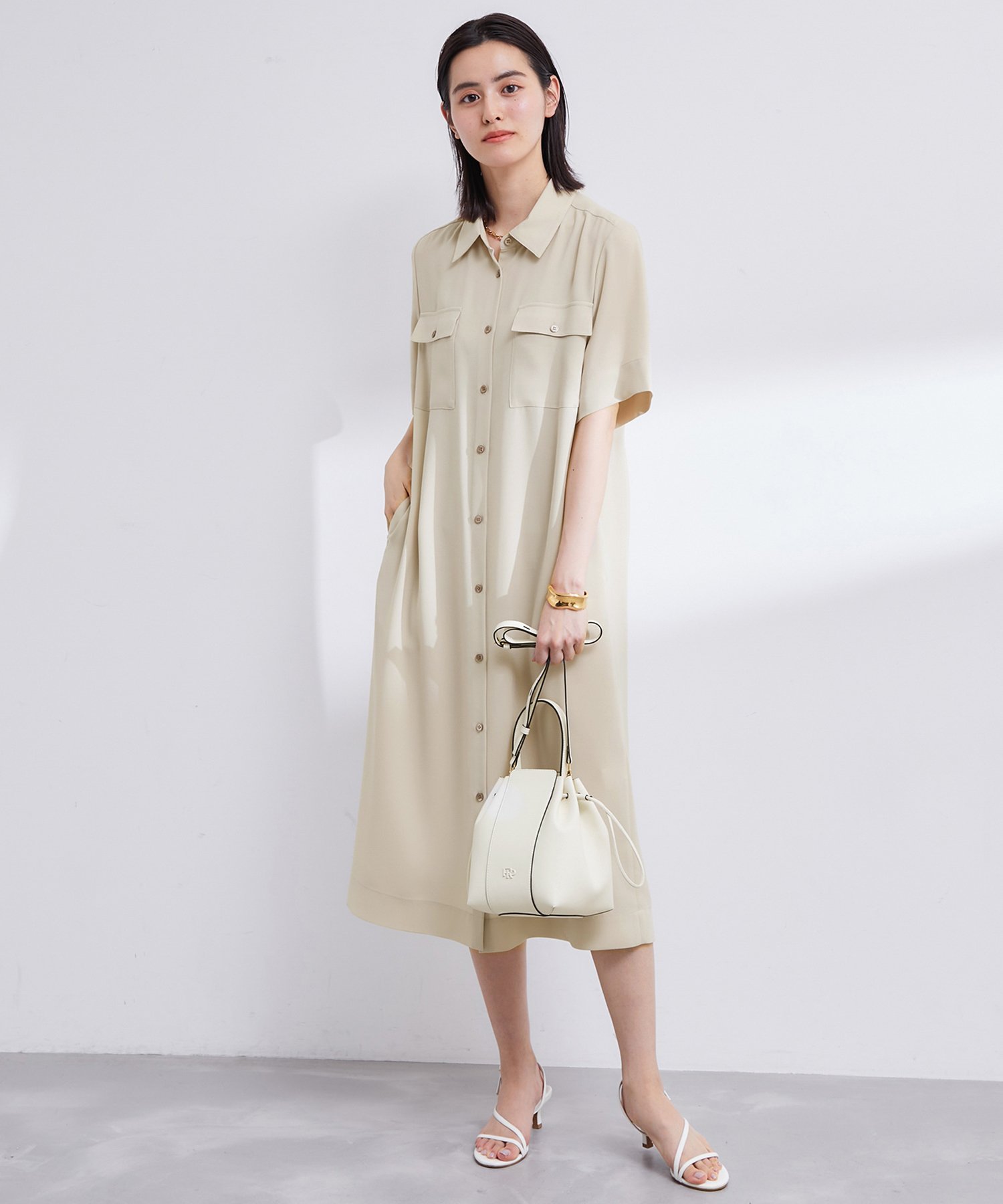 ROPE' 【撥水加工】【洗える】とろみドライタッチシャツワンピース/セットアップ対応 ロペ ワンピース・ドレス ワンピース ベージュ ネイビー【送料無料】のサムネイル